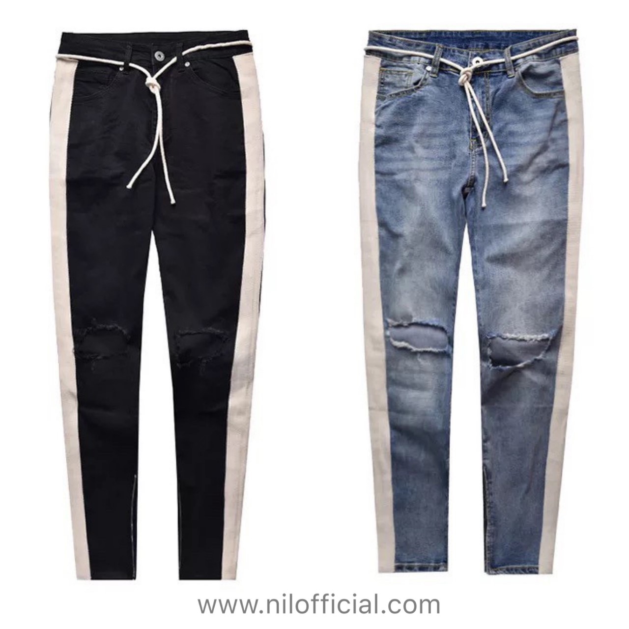 韓國 白邊破壞拉鍊牛仔褲