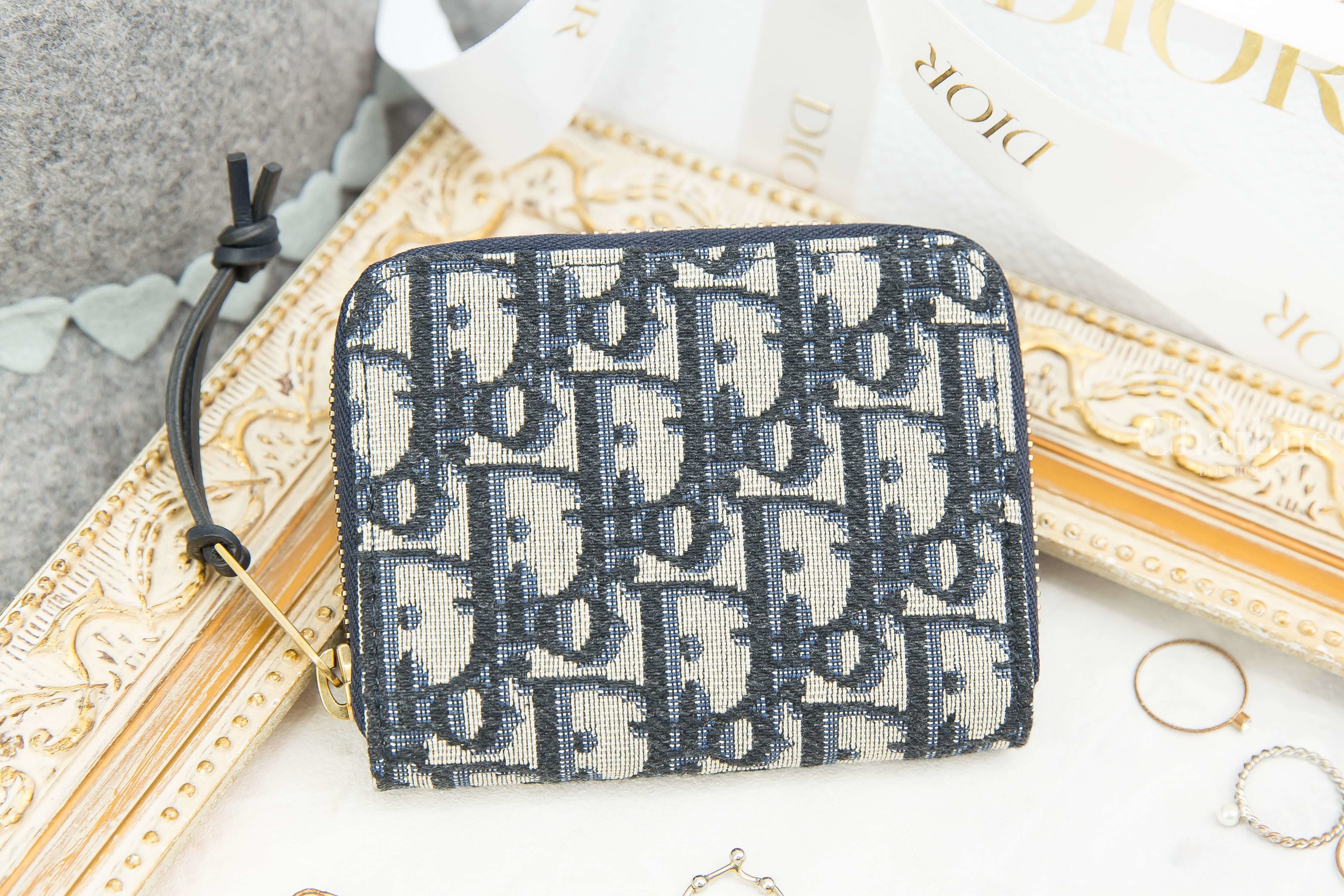 Dior Saddle Dior Oblique Wallet 深藍色復古小牛皮帆布拉鍊零錢包