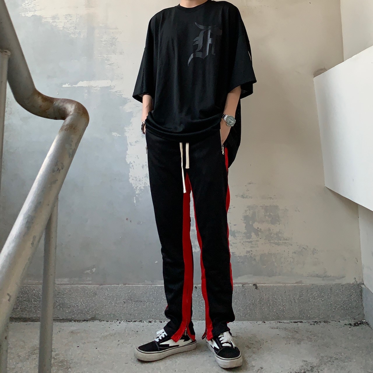 內外雙線抽繩拉鏈運動褲 黑白 黑紅 褲腳拉鍊 類FOG風格 小賈 Justin Bieber kanye
