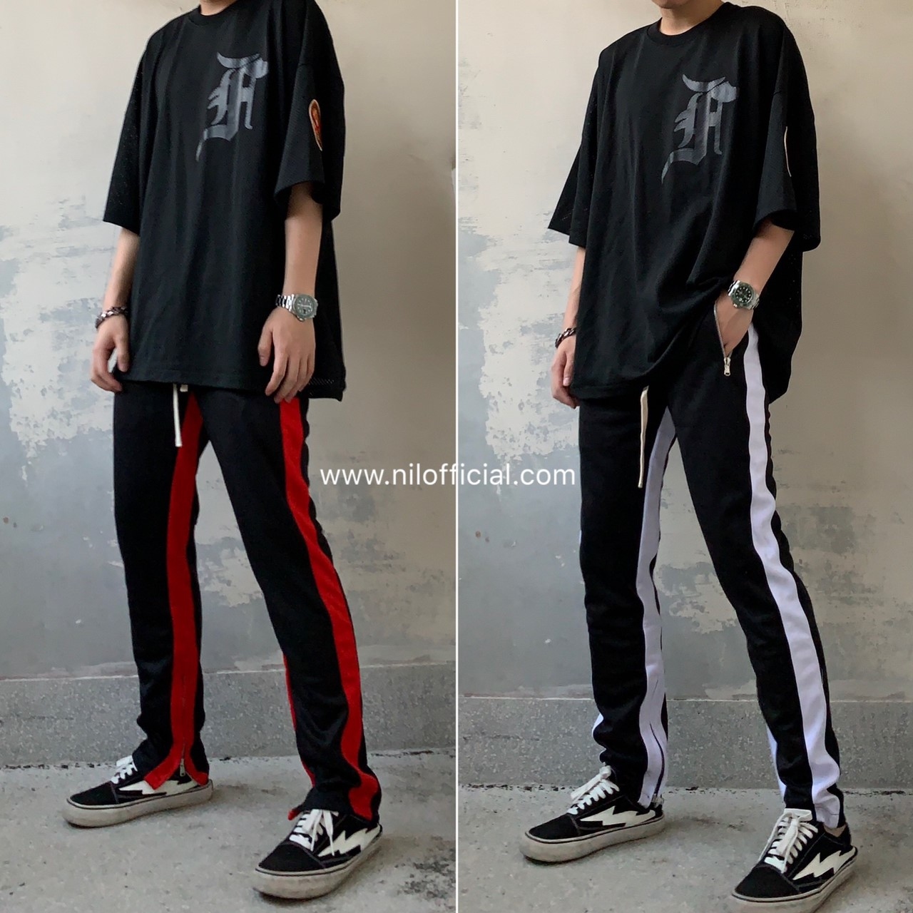 內外雙線抽繩拉鏈運動褲 黑白 黑紅 褲腳拉鍊 類FOG風格 小賈 Justin Bieber kanye