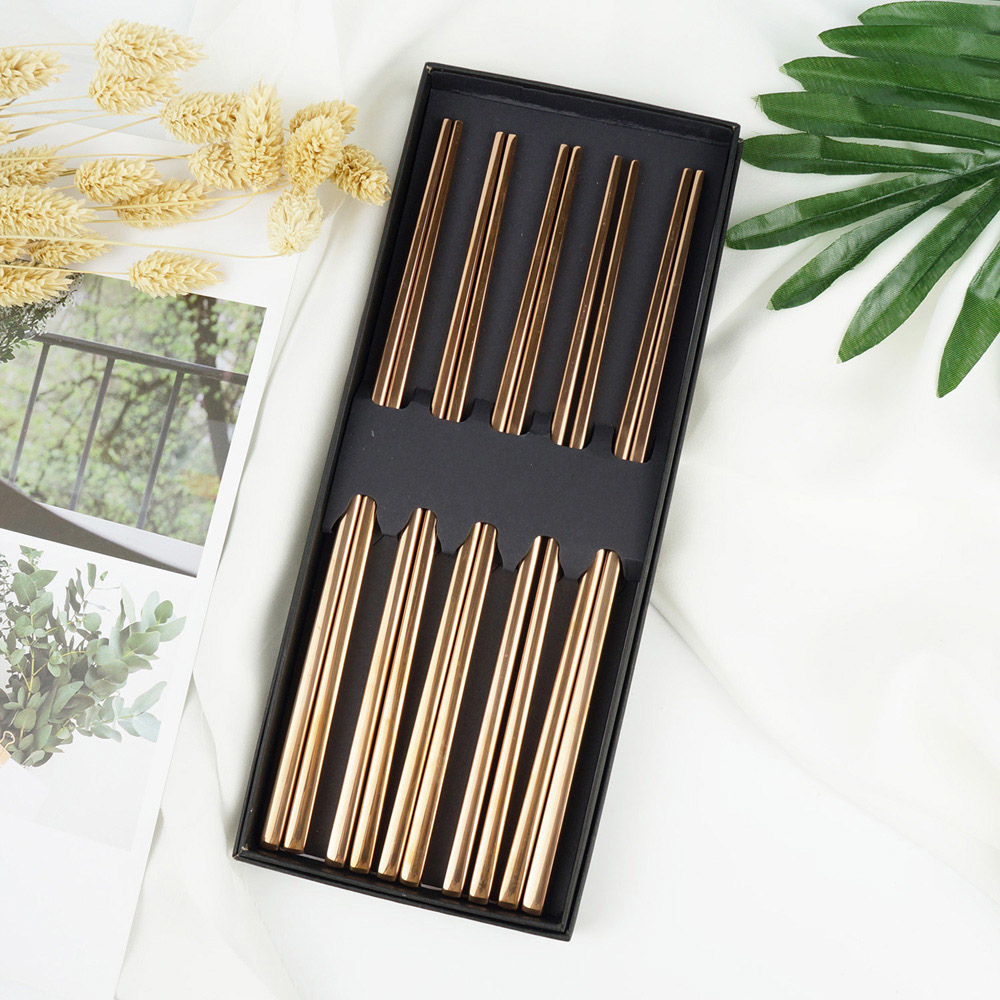 貴氣玫瑰金不鏽鋼筷5雙組(附精美盒)