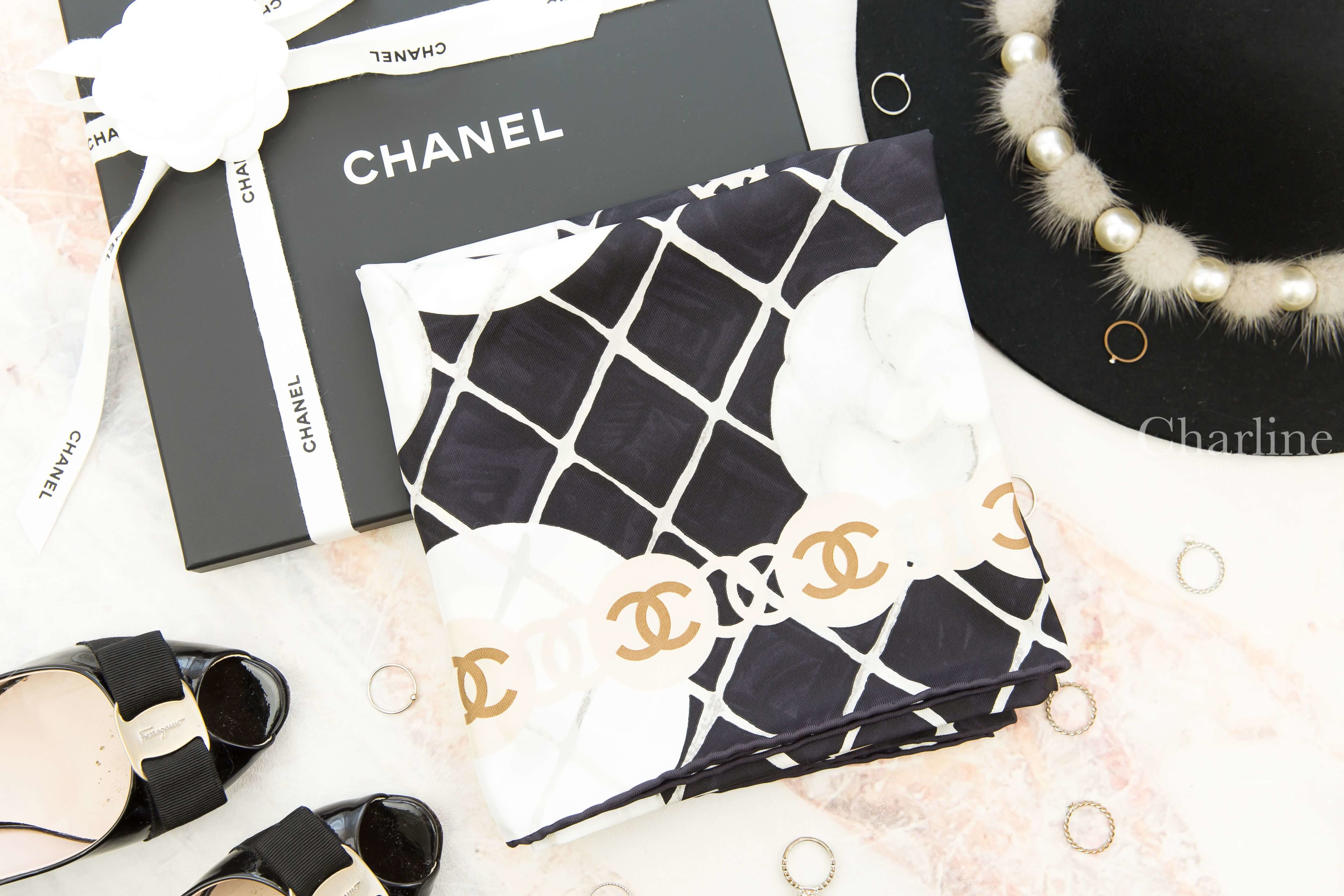 Chanel Square Scarf 黑底白色山茶花CC格紋真絲方巾-Charline Boutique 精品代購
