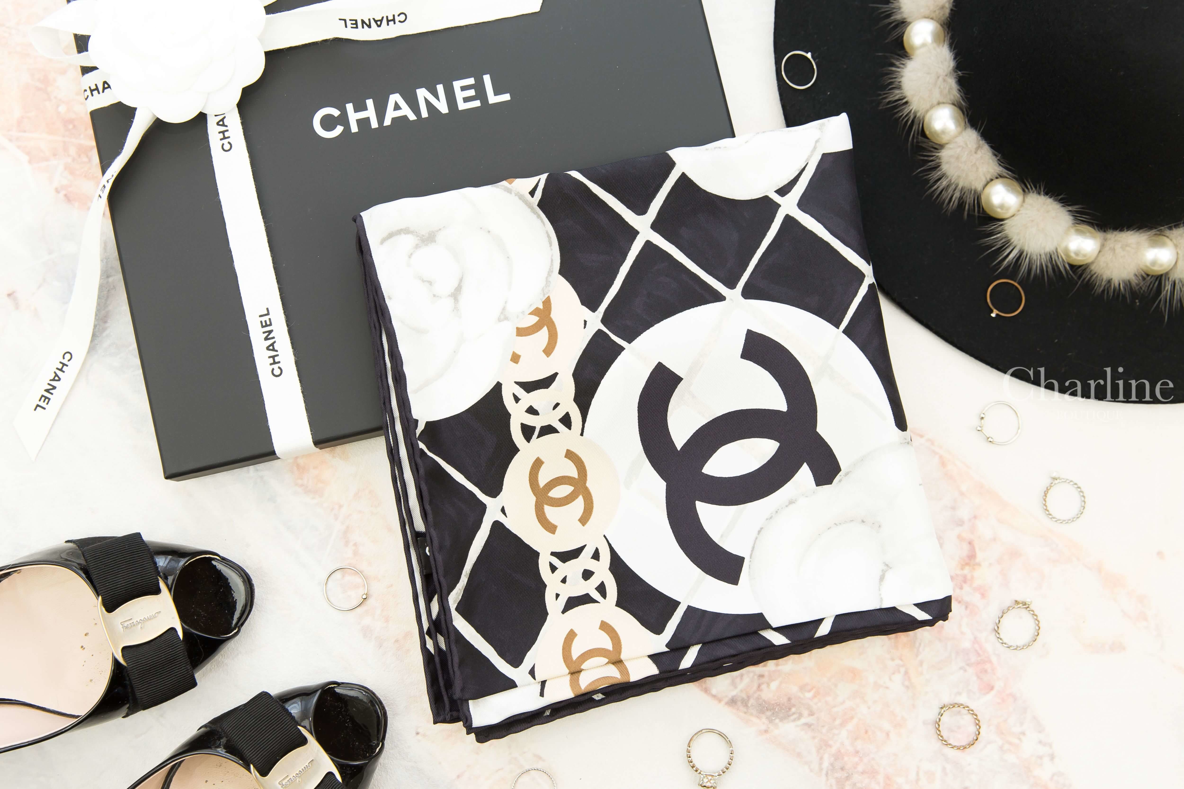 Chanel Square Scarf 黑底白色山茶花CC格紋真絲方巾-Charline Boutique 精品代購