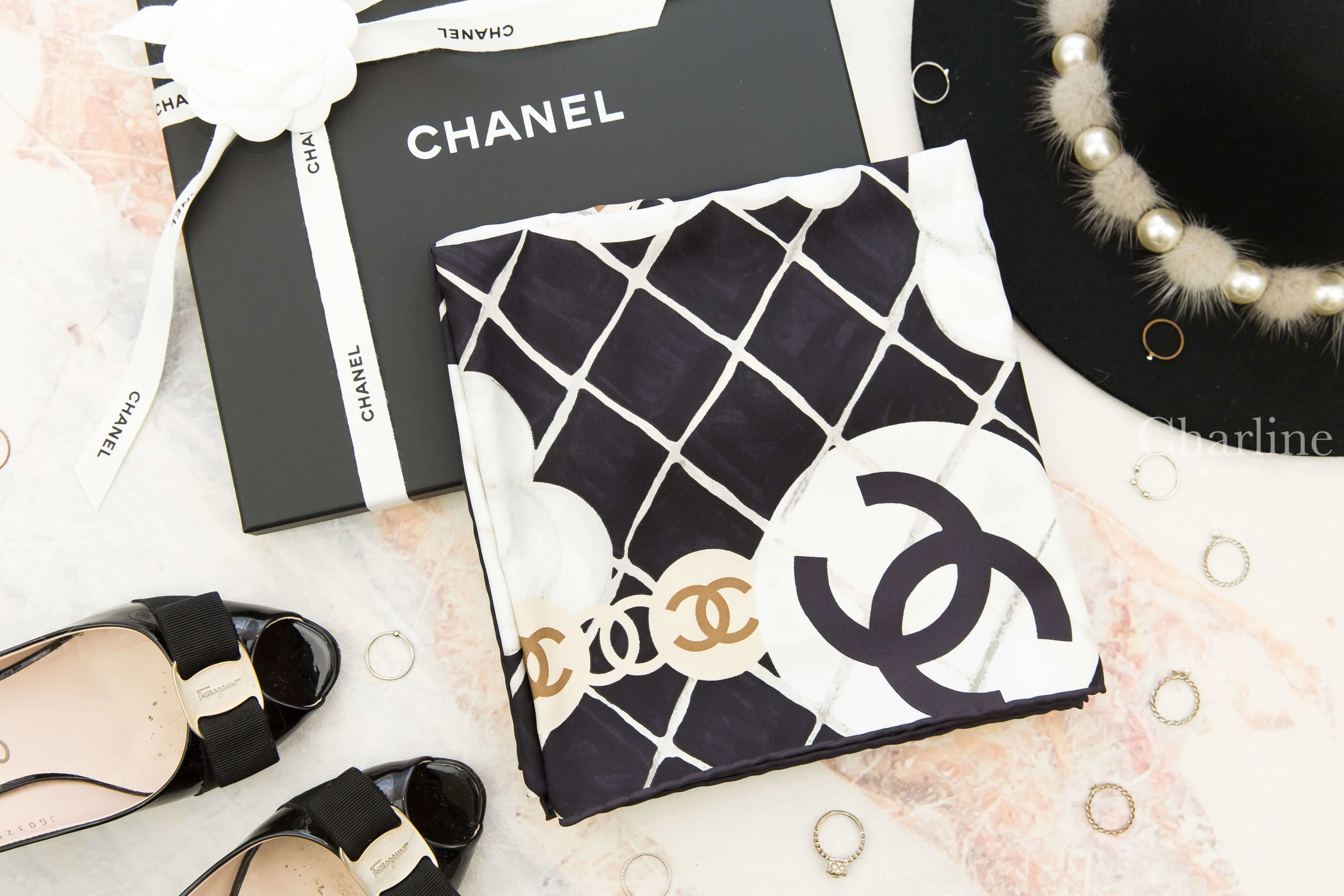 Chanel Square Scarf 黑底白色山茶花CC格紋真絲方巾-Charline Boutique 精品代購