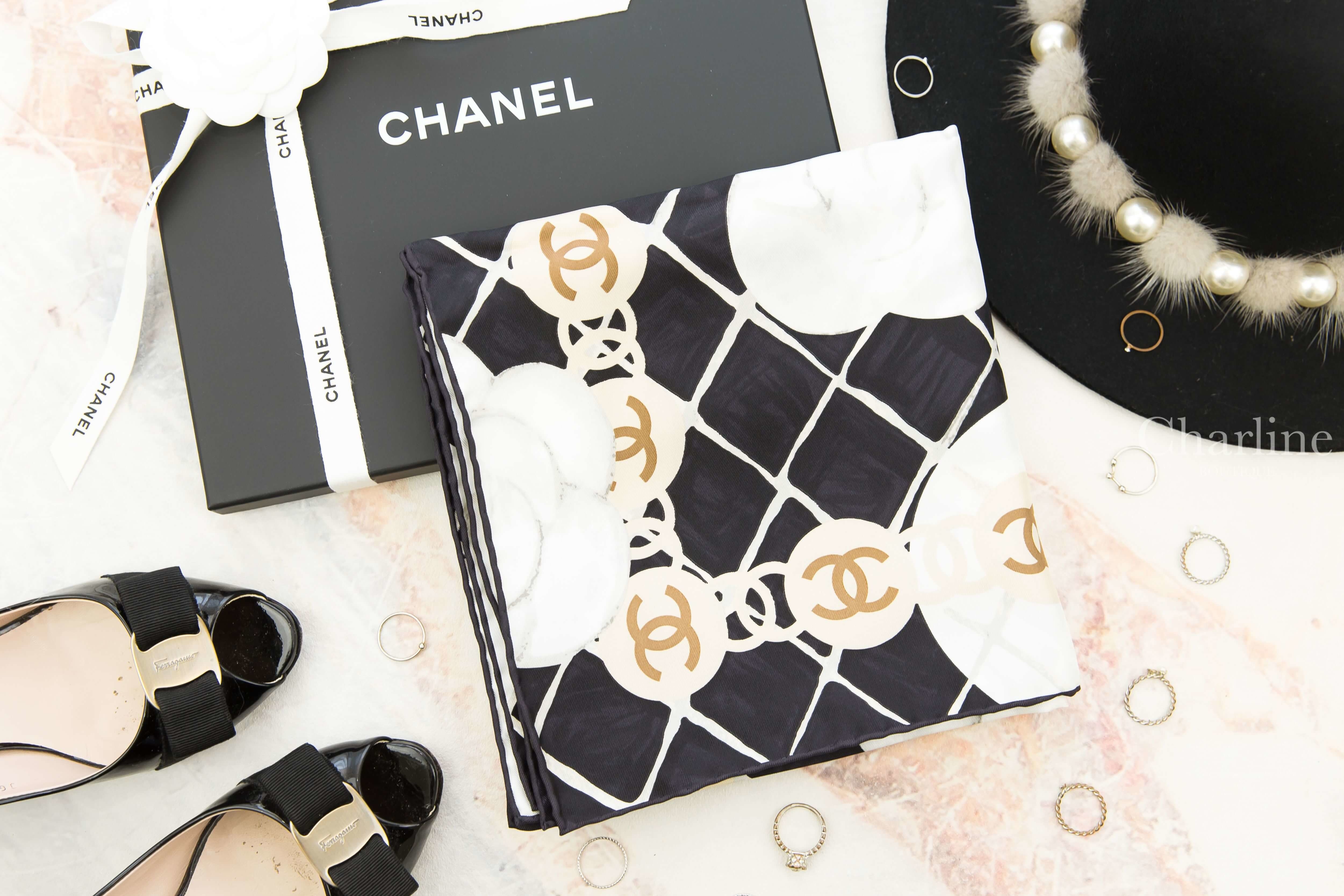 Chanel Square Scarf 黑底白色山茶花CC格紋真絲方巾-Charline Boutique 精品代購