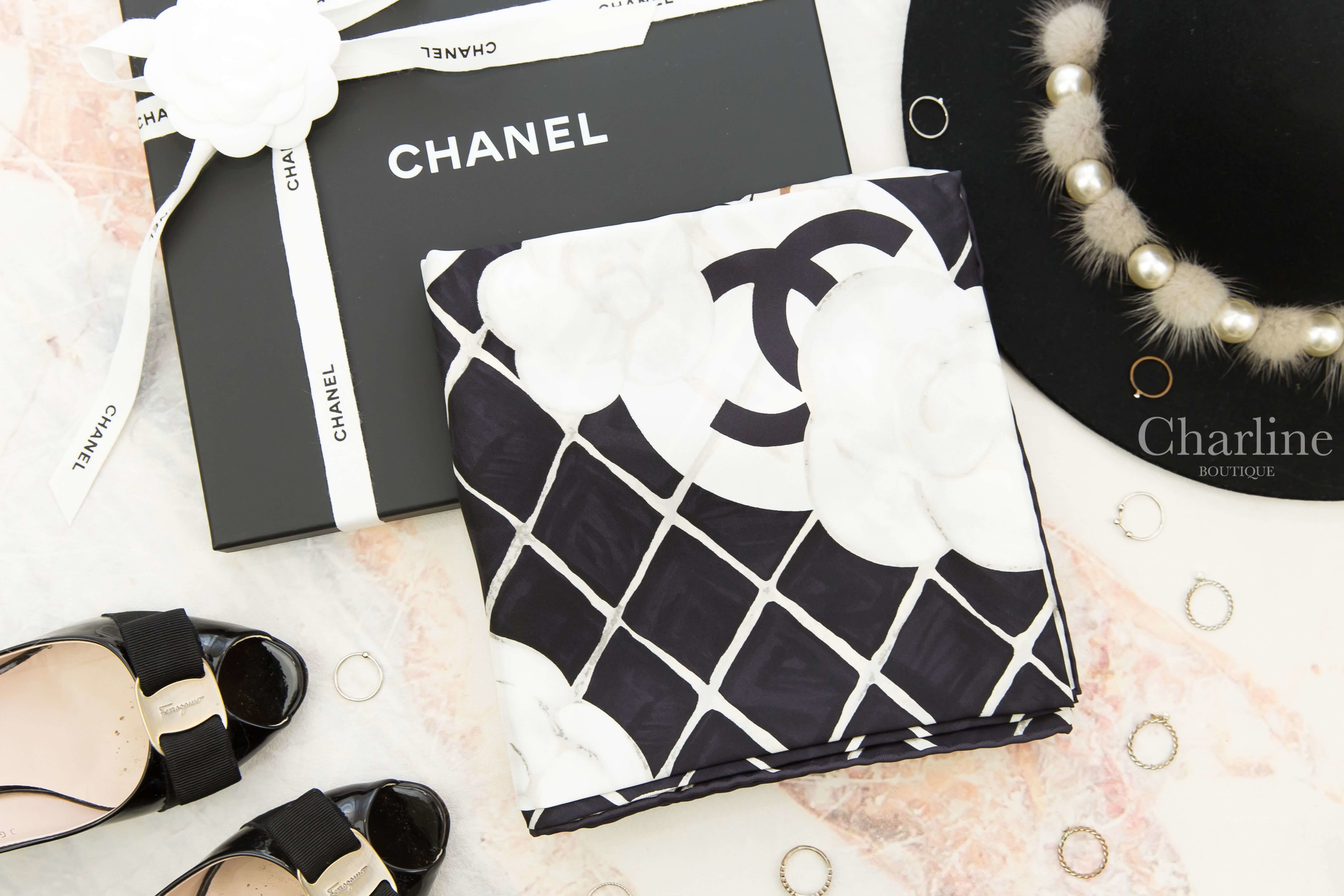 Chanel Square Scarf 黑底白色山茶花CC格紋真絲方巾-Charline Boutique 精品代購