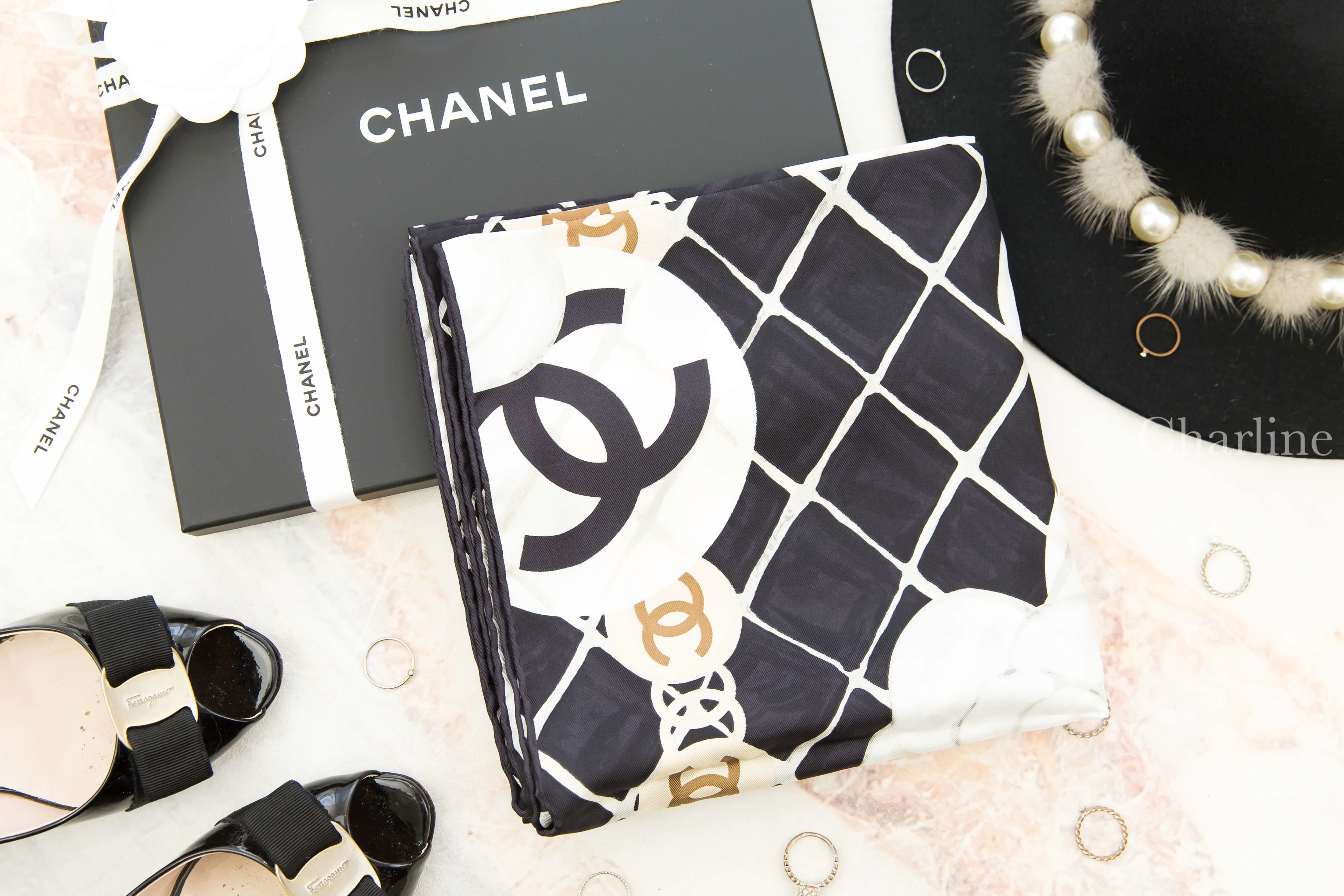 Chanel Square Scarf 黑底白色山茶花CC格紋真絲方巾-Charline Boutique 精品代購
