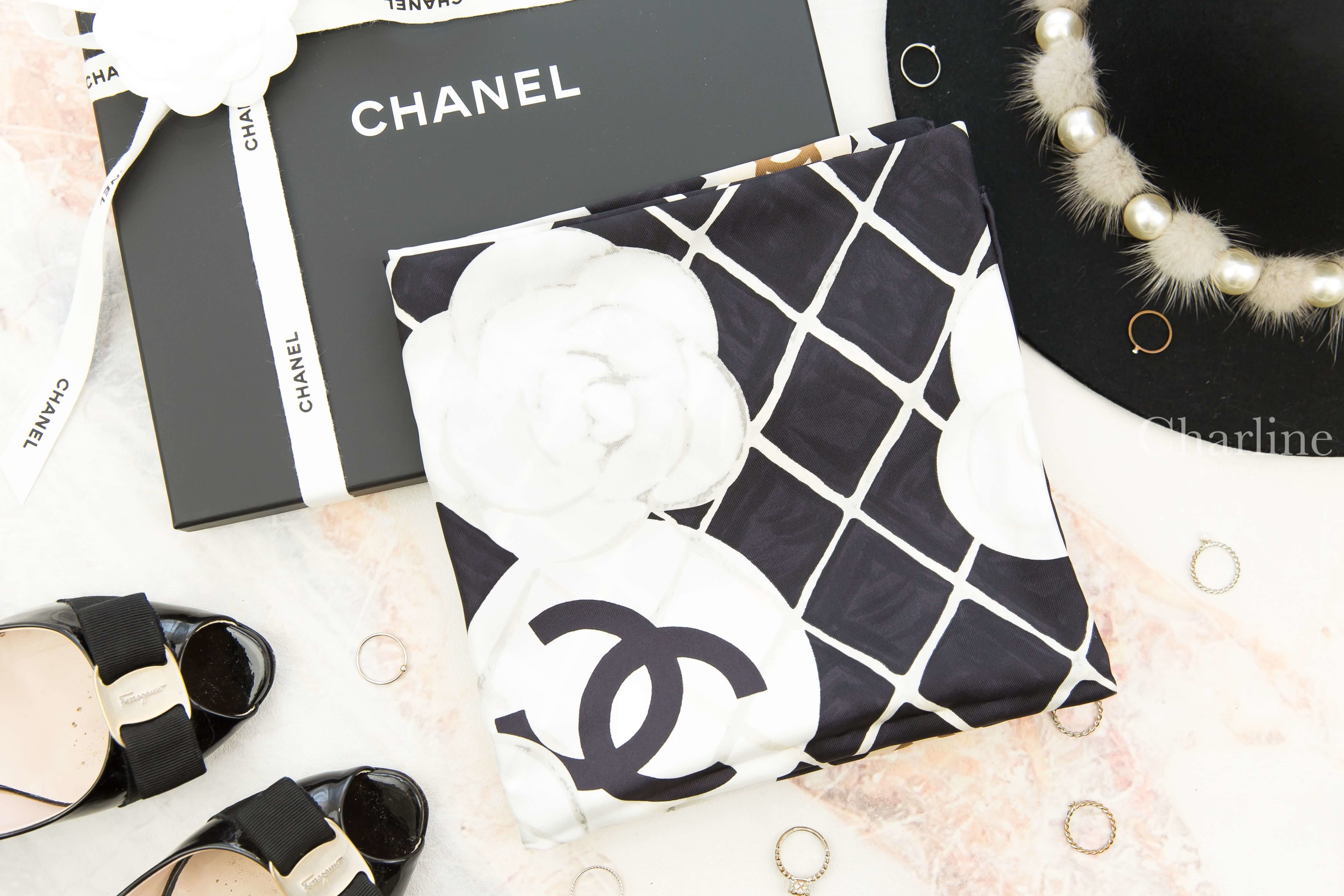 Chanel Square Scarf 黑底白色山茶花CC格紋真絲方巾-Charline Boutique 精品代購