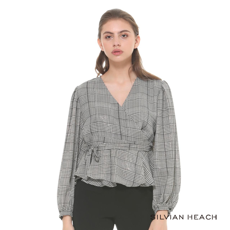 【silvian-heach】格紋交叉綁帶下擺波浪長袖襯衫