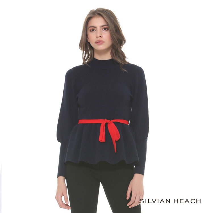 【silvian-heach】立領腰間綁帶澎澎長袖針織上衣 