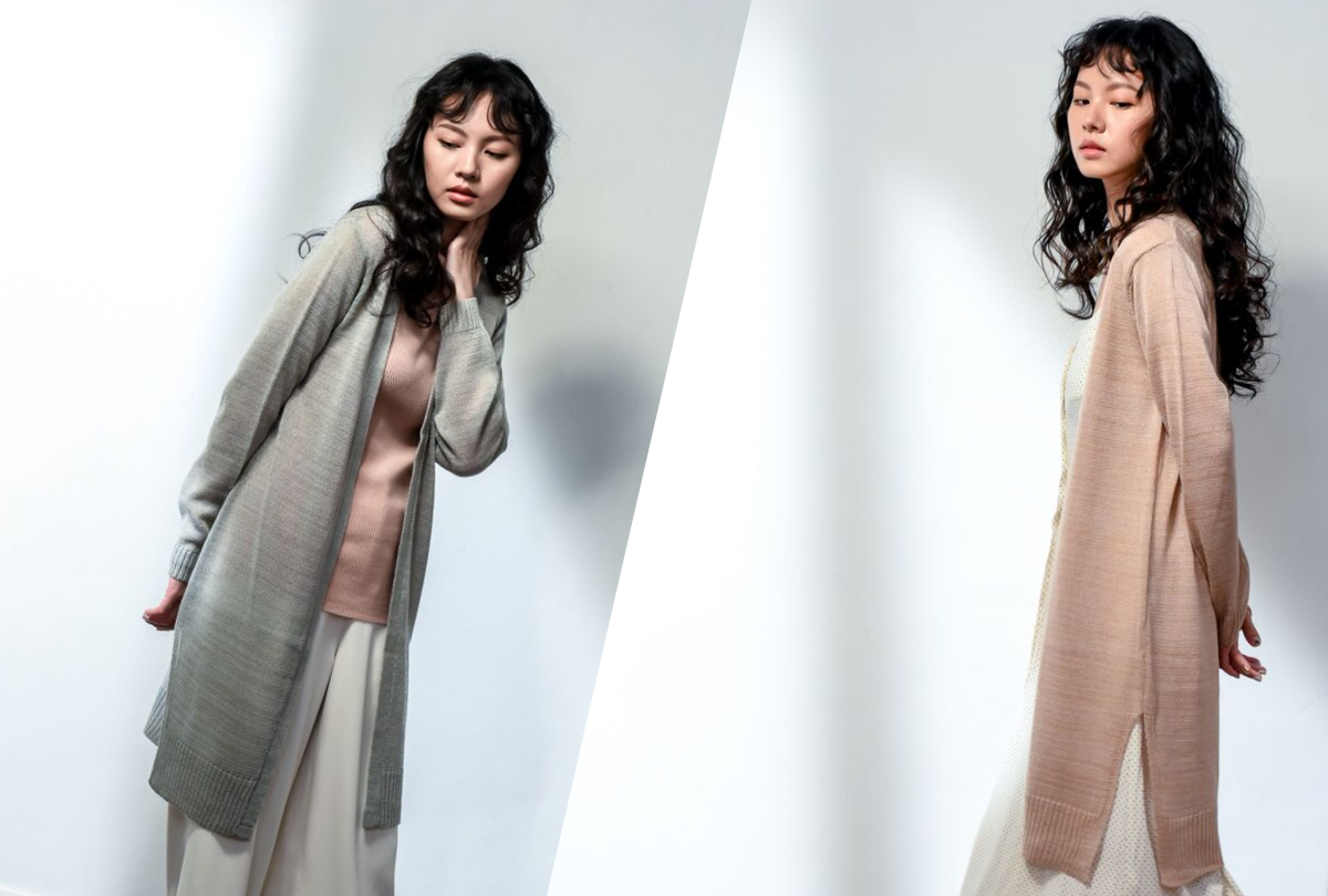 O-LIWAY V領針織外套長版開岔設計-粉色&淺灰色