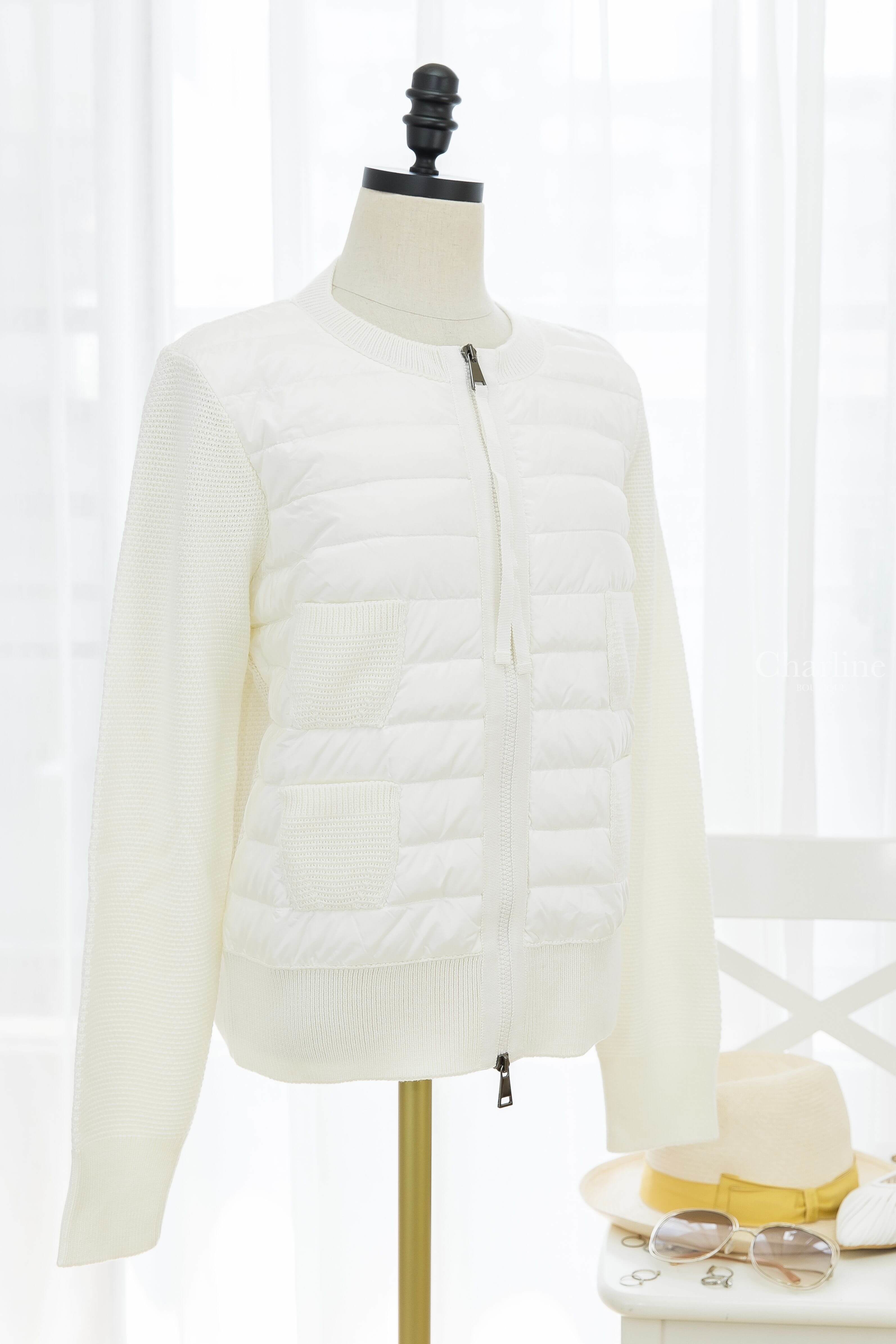 Moncler Wool And Nylon Cardigan 絲綢白拼接針織四口袋輕羽絨外套-Charline Boutique 精品代購