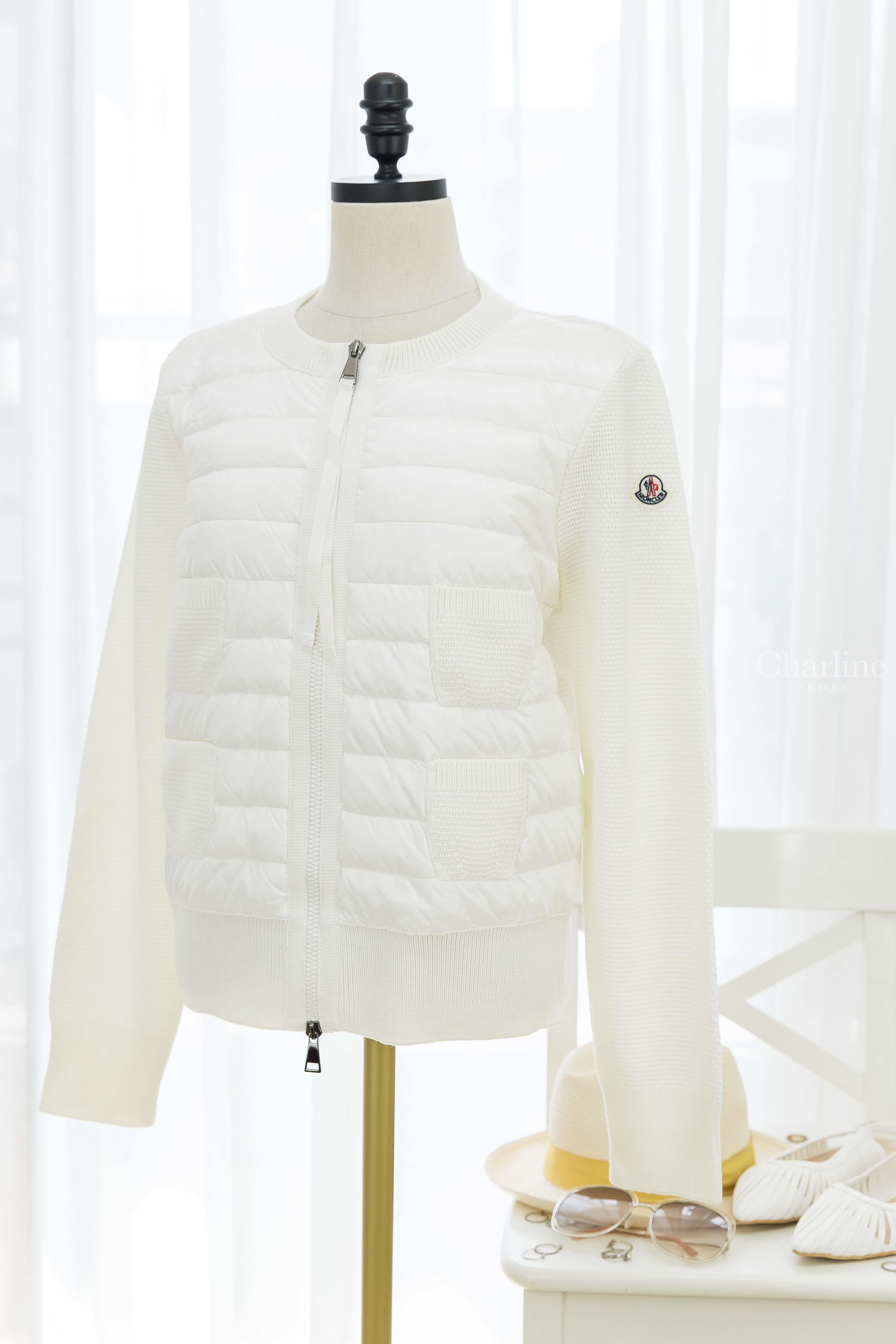 Moncler Wool And Nylon Cardigan 絲綢白拼接針織四口袋輕羽絨外套-Charline Boutique 精品代購