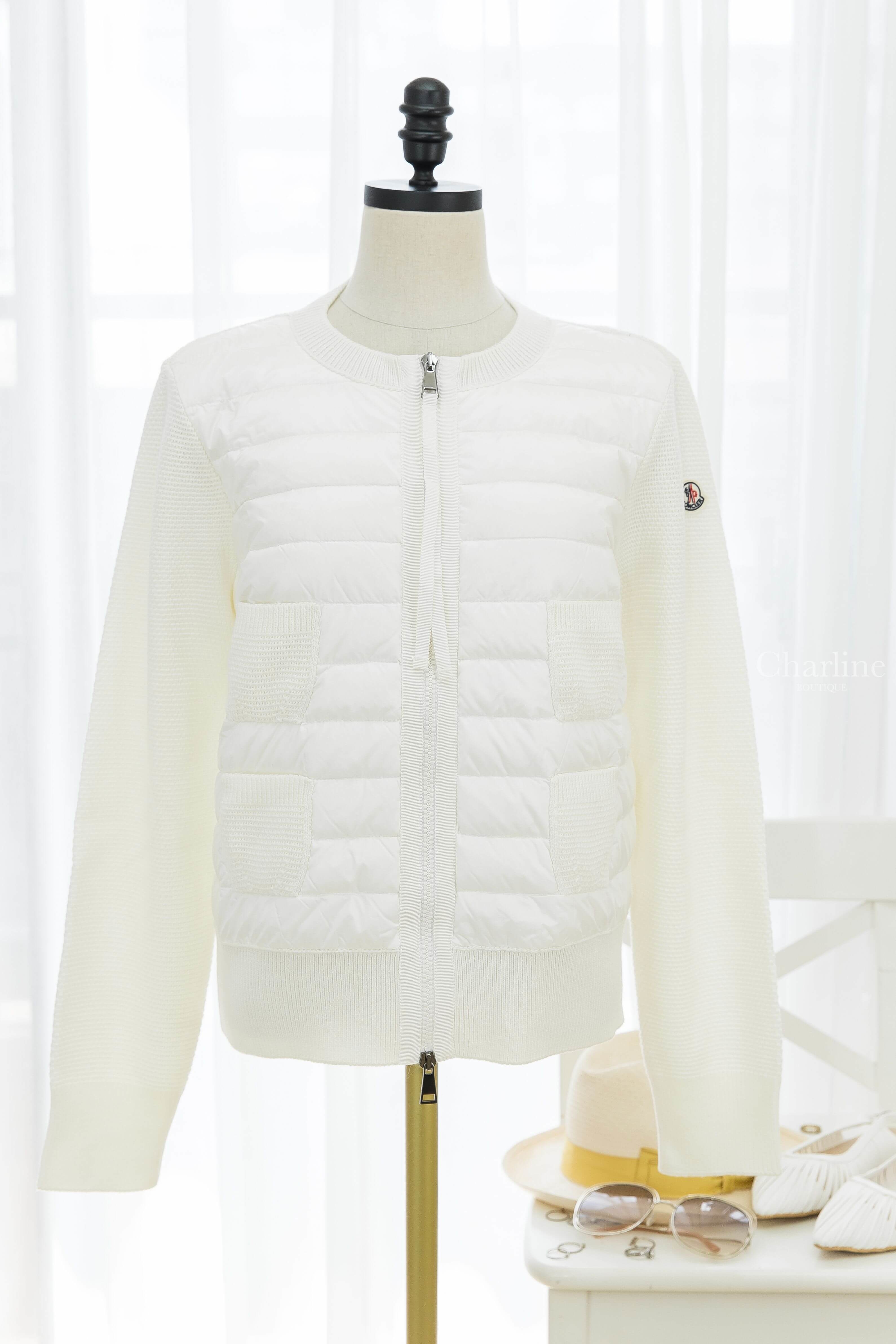 Moncler Wool And Nylon Cardigan 絲綢白拼接針織四口袋輕羽絨外套