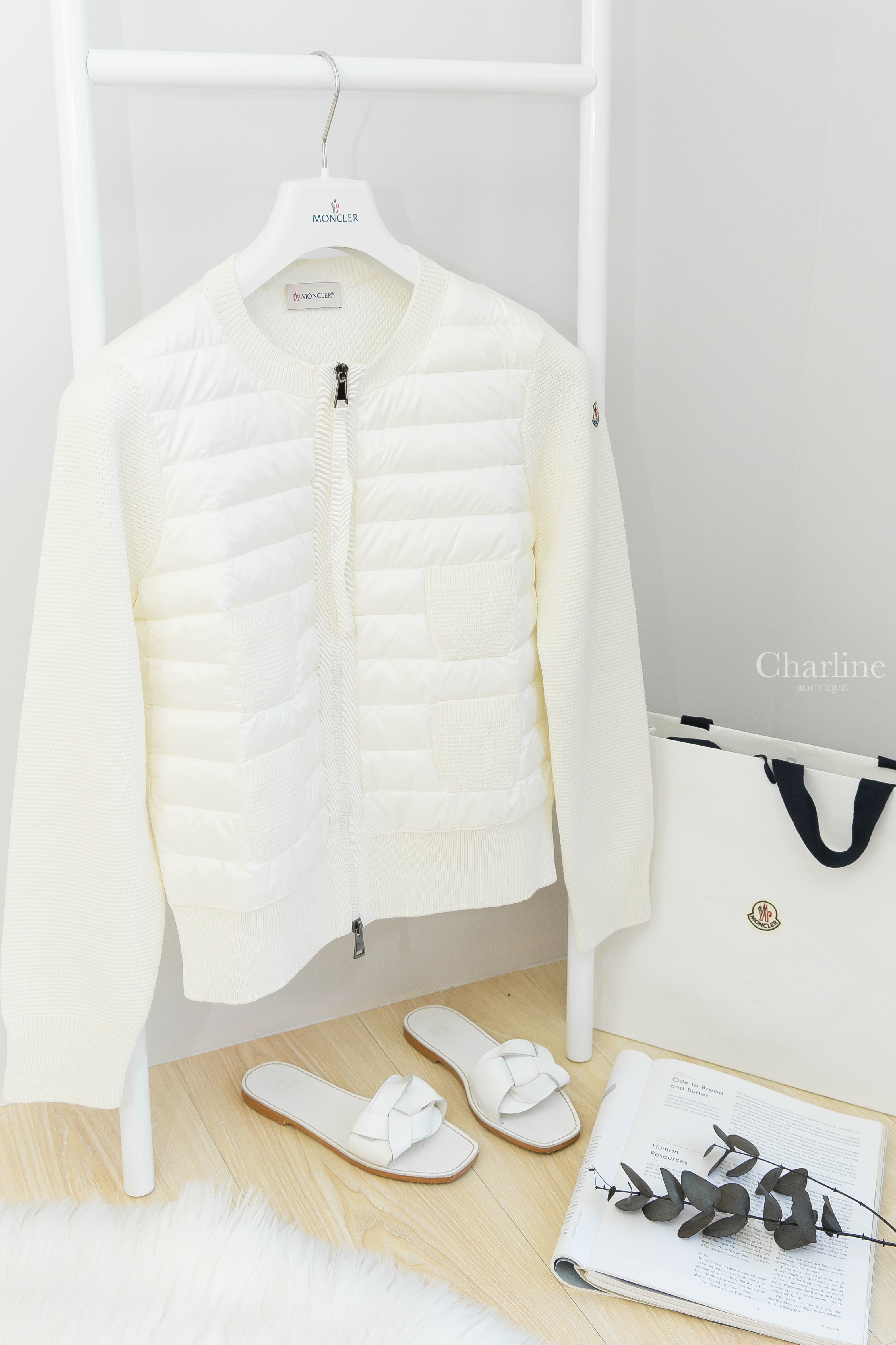 Moncler Wool And Nylon Cardigan 絲綢白拼接針織四口袋輕羽絨外套-Charline Boutique 精品代購