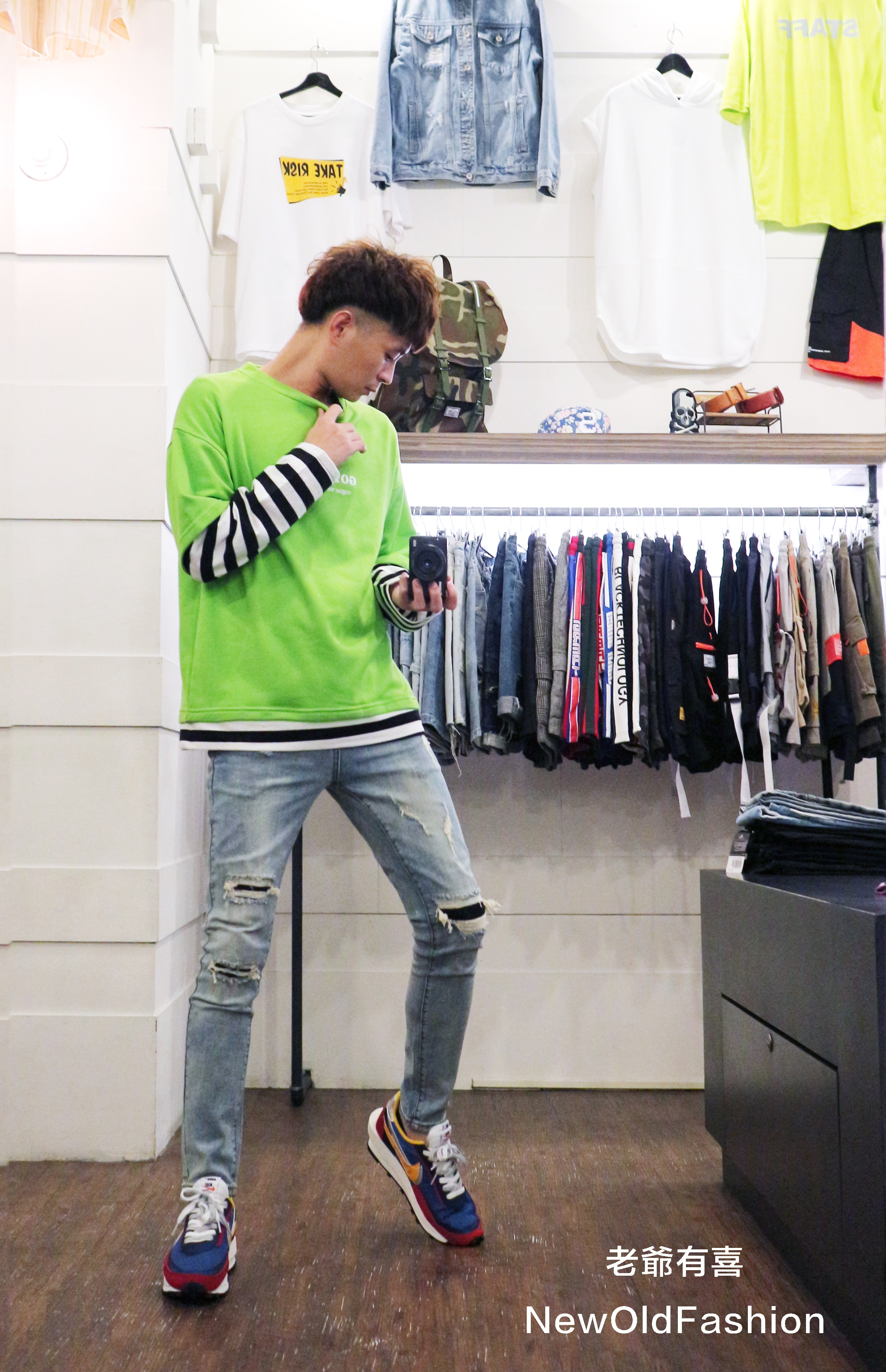 『新品上市』重磅落肩拼接條紋袖長Ｔ恤