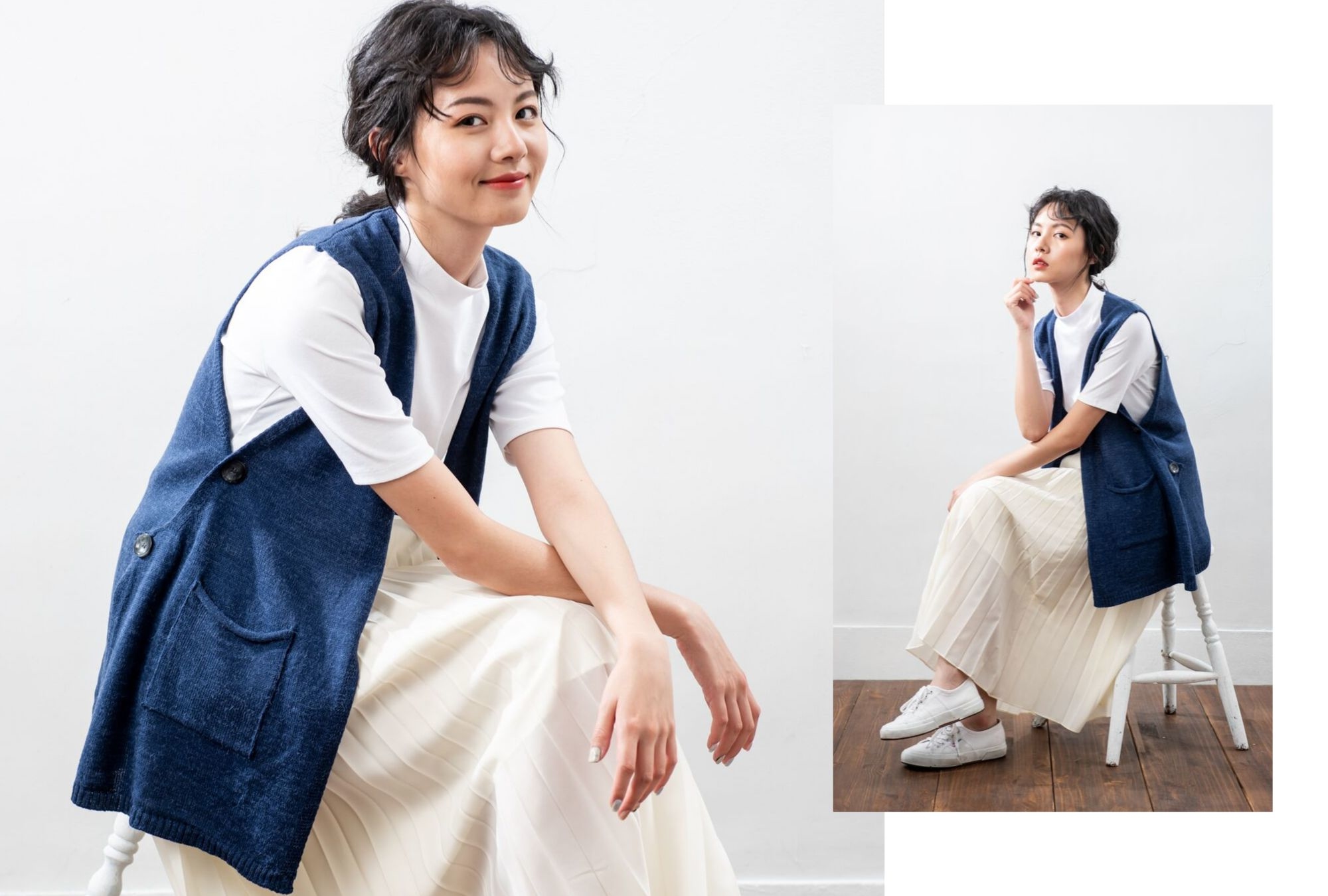 MIT針織背心配色米色百褶裙給人溫柔的印象