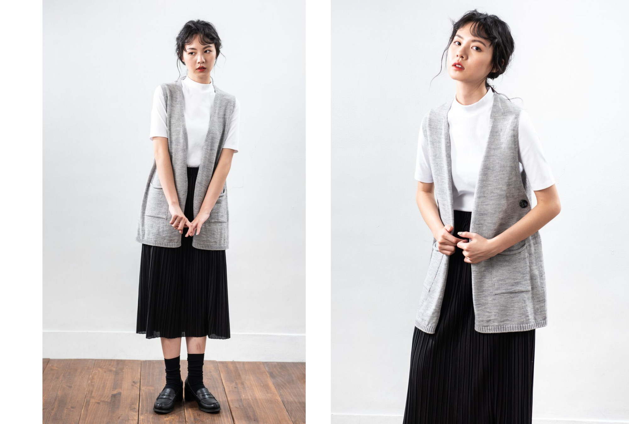 淺灰色針織背心搭配黑色百褶裙