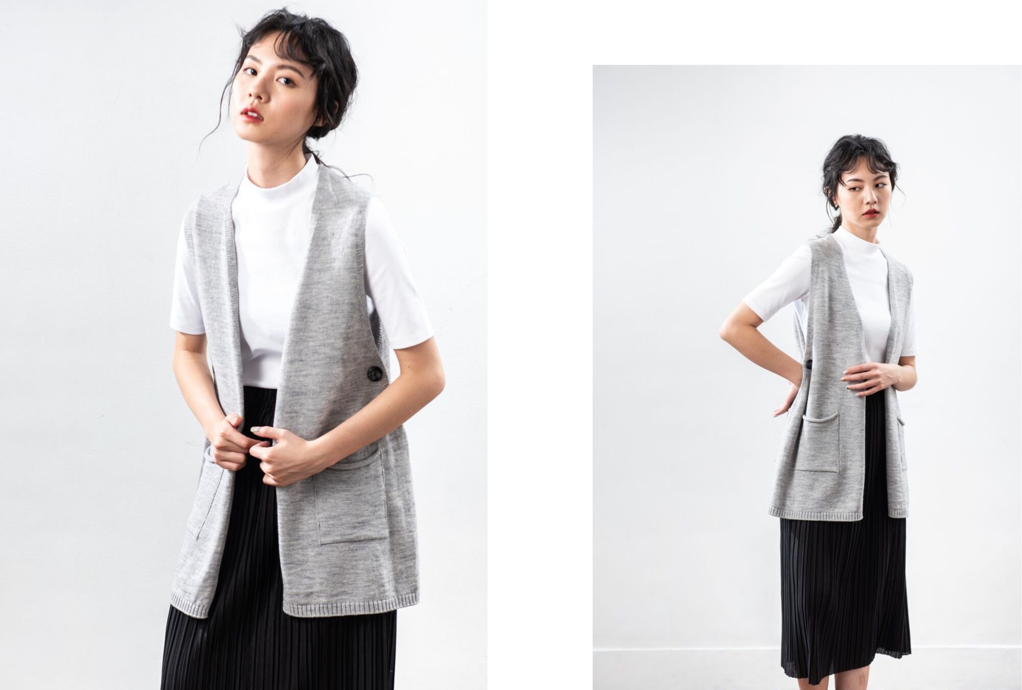 MIT針織背心雙口袋設計-淺灰色|O-LIWAY 穿搭首選