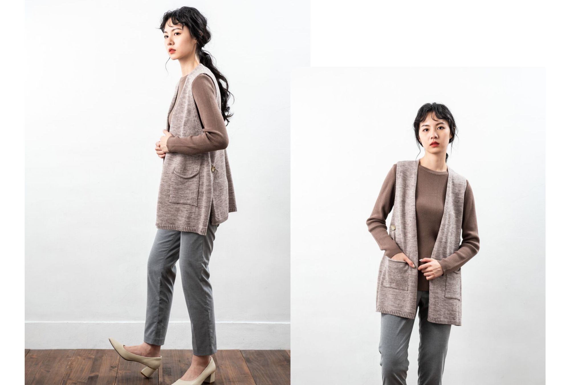 V領針織背心搭配細針美麗諾羊毛衫穿搭出簡約時尚感