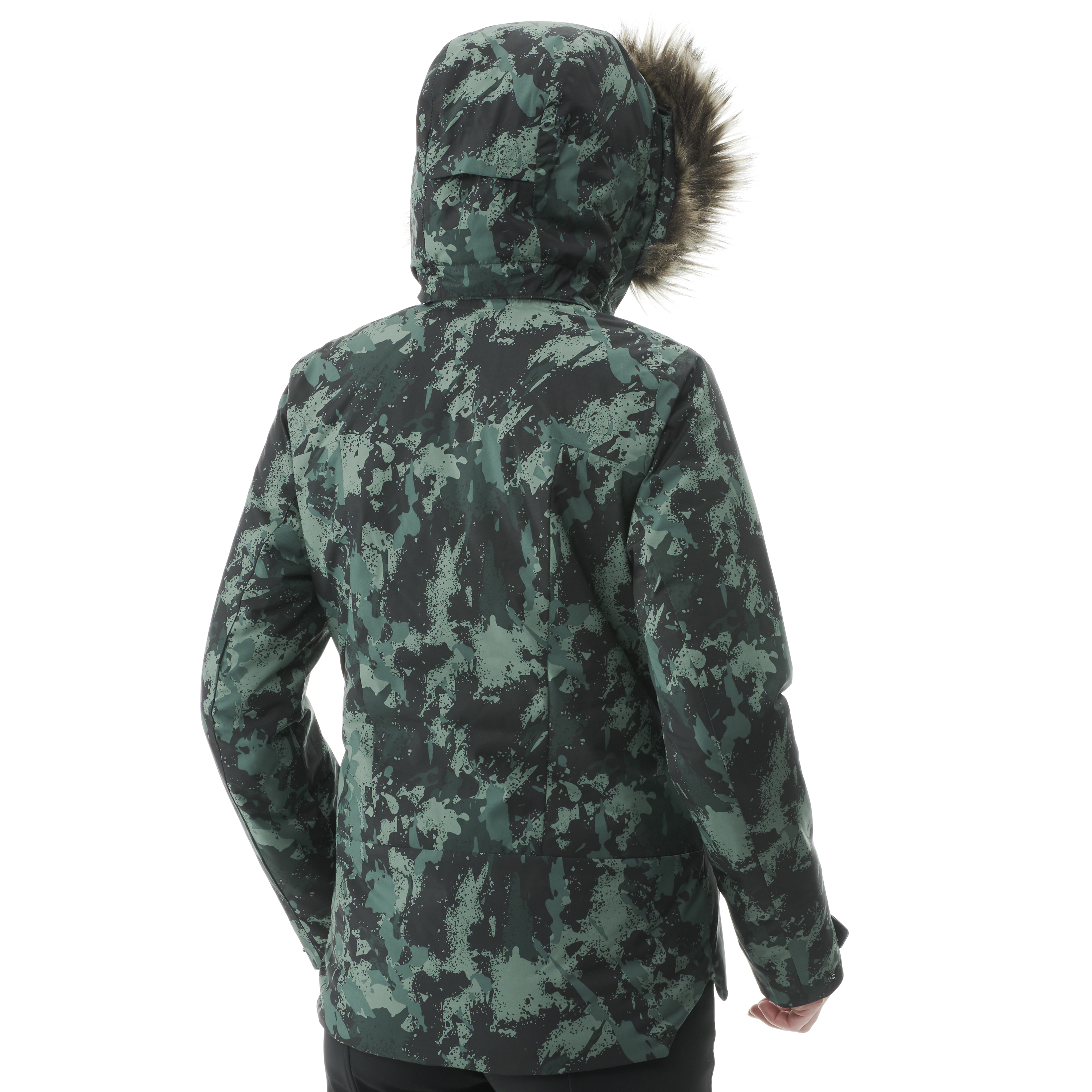 【EIDER】女防水透氣保暖印花連毛帽外套 / 9EIV4922-9097 潑墨綠