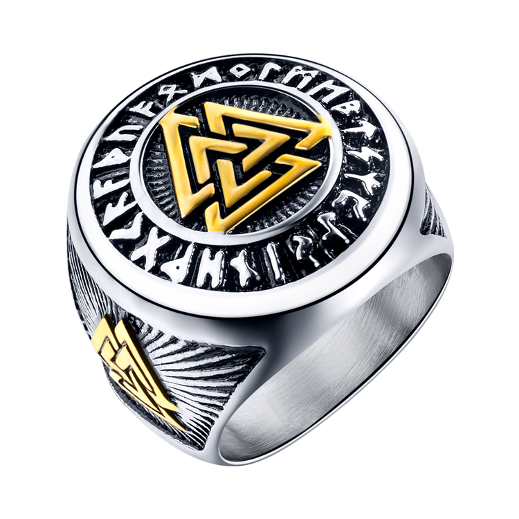白鋼戒指，男士戒指 VALKNUT北歐神符；三角神秘符文展現勇敢堅毅的精神（0104）