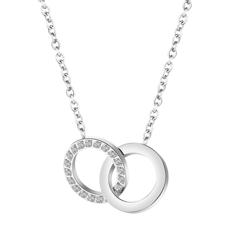 白鋼項鍊，女士項鍊  雙環鑲鋯設計；簡約幾何不失高雅貴氣 （0110銀色）