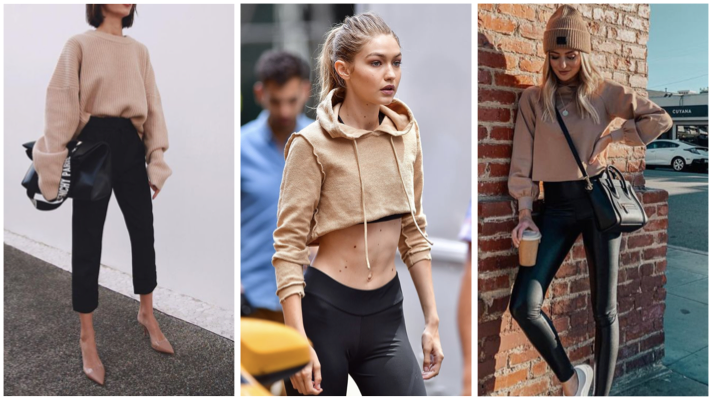 奶茶色上衣搭配黑色下著，給人溫柔中帶點高冷的感覺