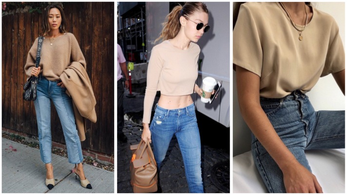各式版型的奶茶色上衣搭配牛仔褲，輕鬆展現簡約時尚