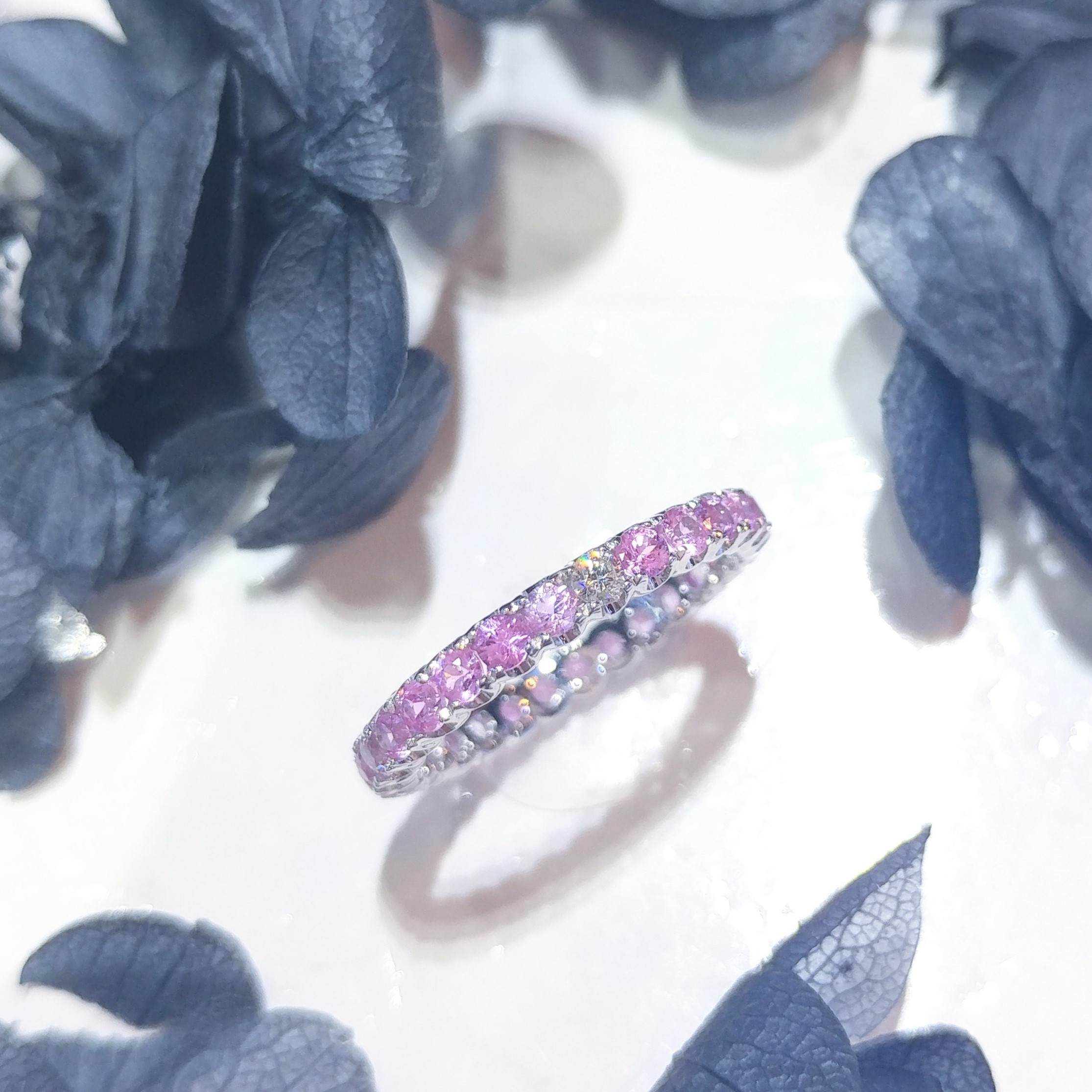 全新18K白金1卡25份天然粉紅寶石配3份鑽石全圈戒指