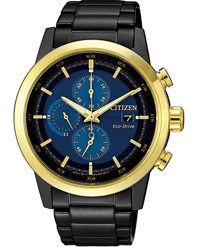 萬年鐘錶 - Citizen 星辰錶    光動能男錶  全黑金框藍面 計時碼表腕錶 CA0614-51L 錶徑43MM