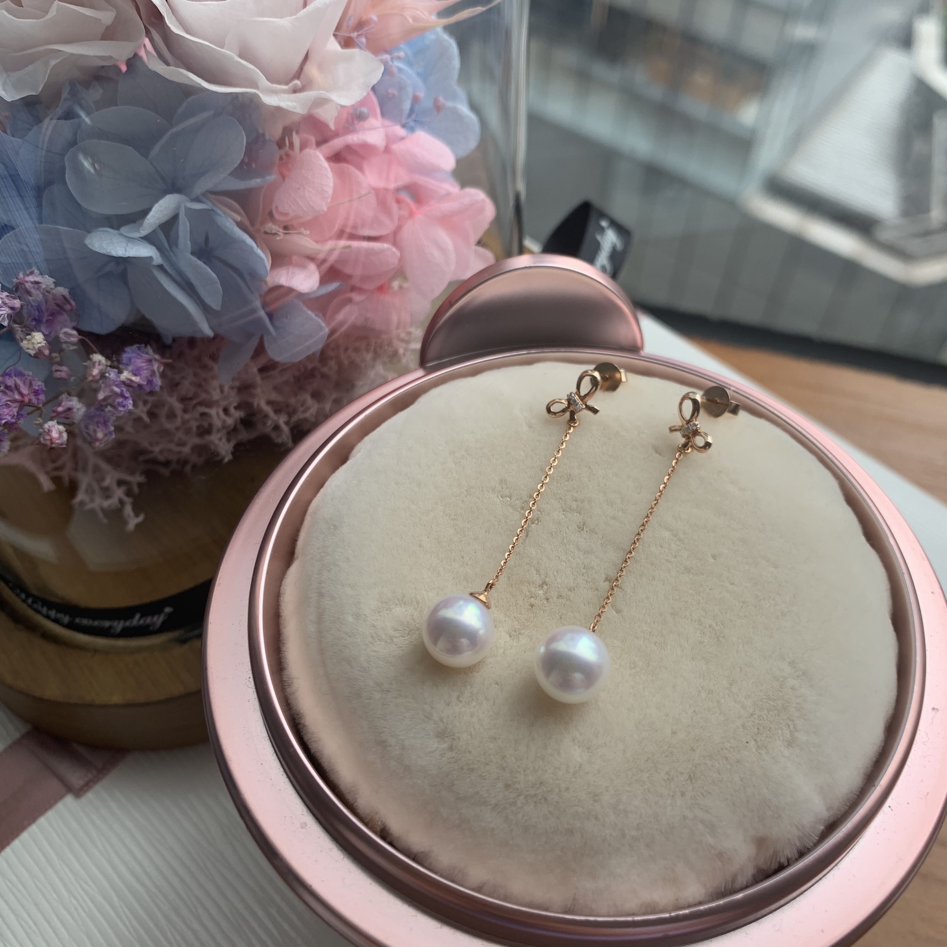 18K金日本Akoya 蝴蝶結珍珠耳線 (8-8.5mm)