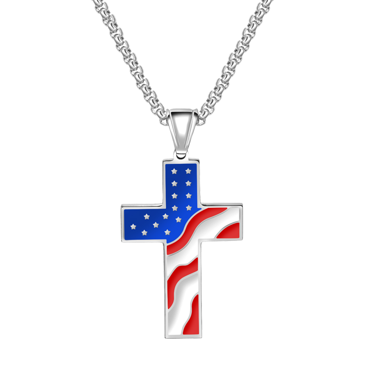 白鋼項鍊，男士項鍊 潮流國旗銀色十字架；創意美國風自由精神的象徵（0148銀色）