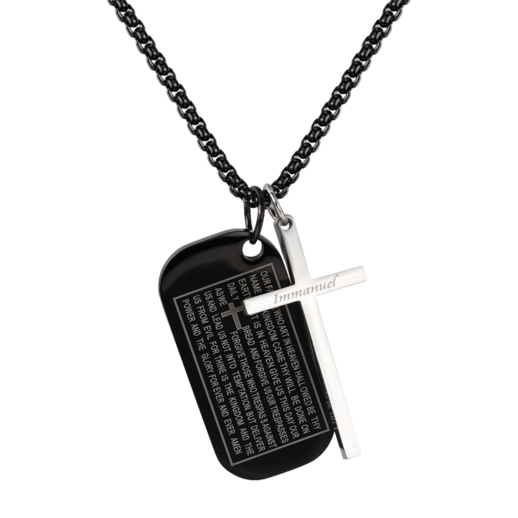 白鋼項鍊，男士項鍊 以馬內利十字架方牌祈禱文黑色款；神聖純潔恩典的問世（0154黑色）