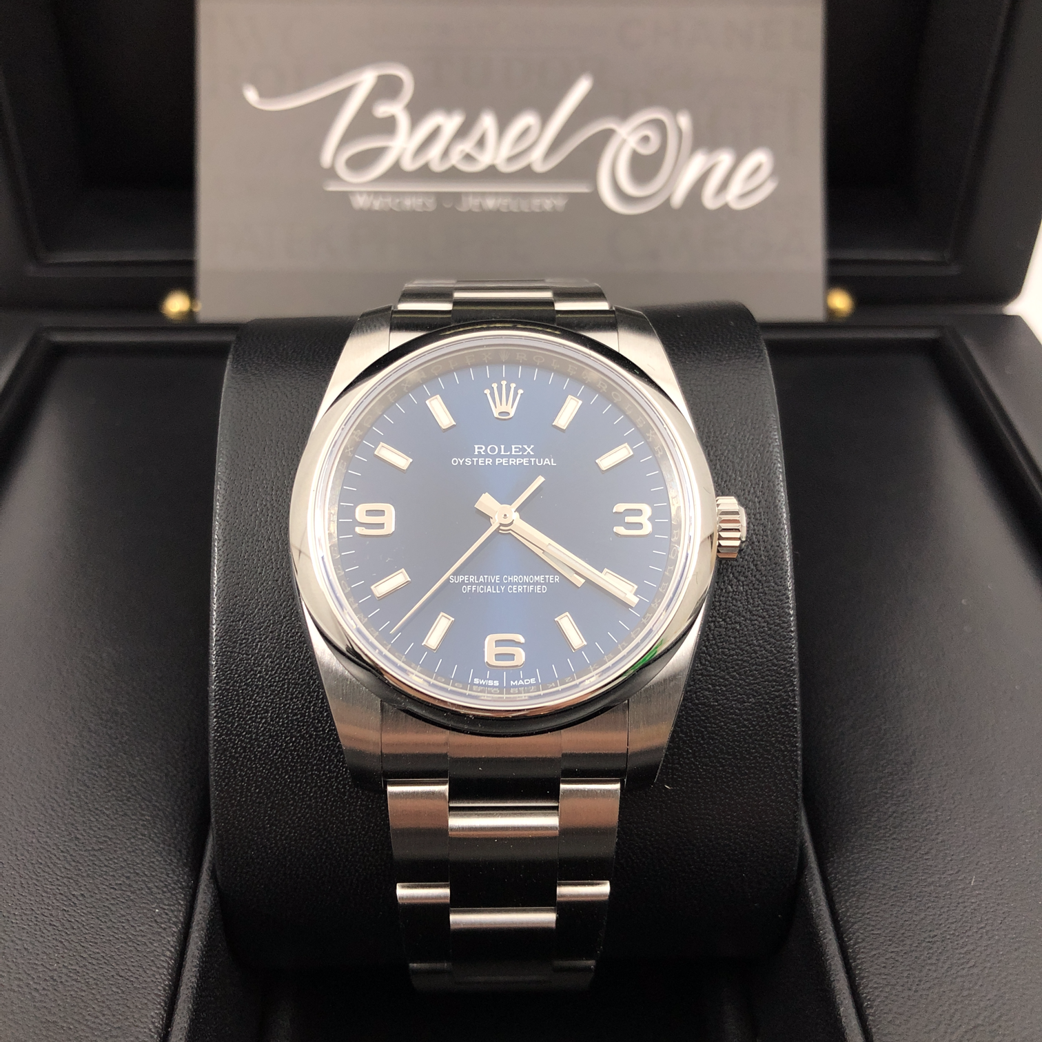 DISCONTINUED BRAND NEW ROLEX 114200 OYSTER PERPETUAL ARABIC NUMBER 369 BLUE DIAL STEEL 34mm