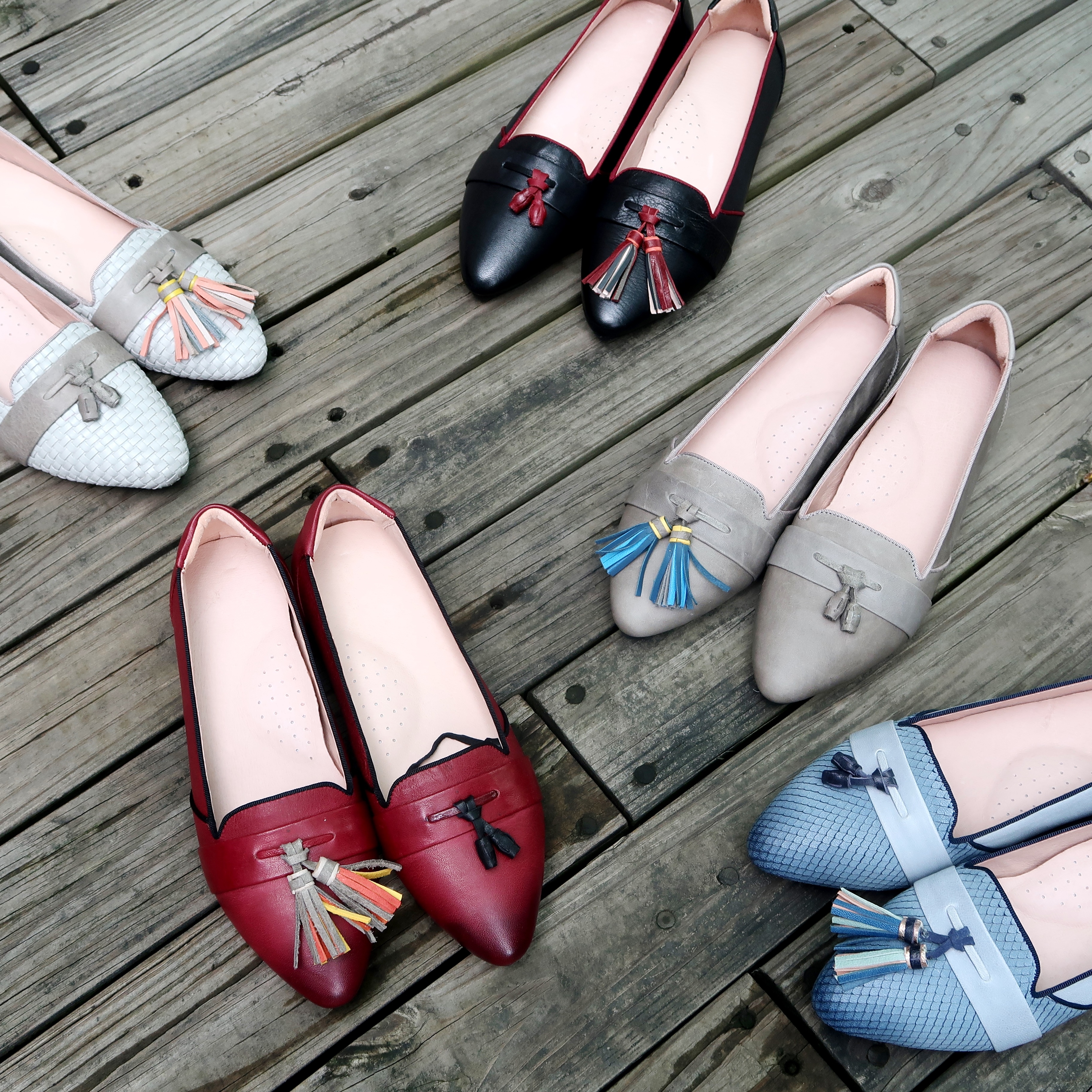 【正妹CEO】厚墊系列柔軟鞋底附兩對造型吊墜(麥穗流蘇、燈籠流蘇)三穿牛、羊皮真皮平底娃娃樂福鞋