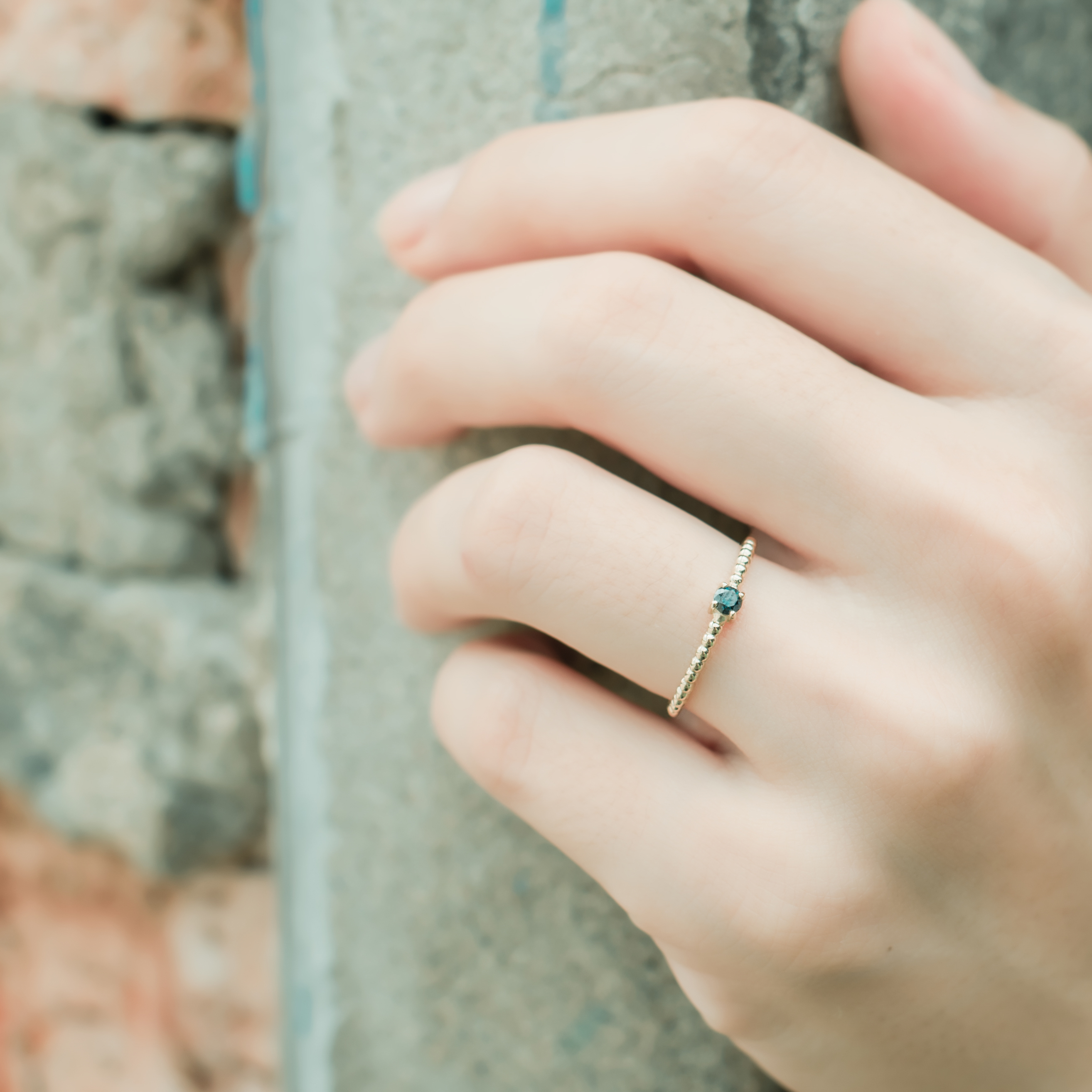 14k 四爪7分藍鑽珠珠戒