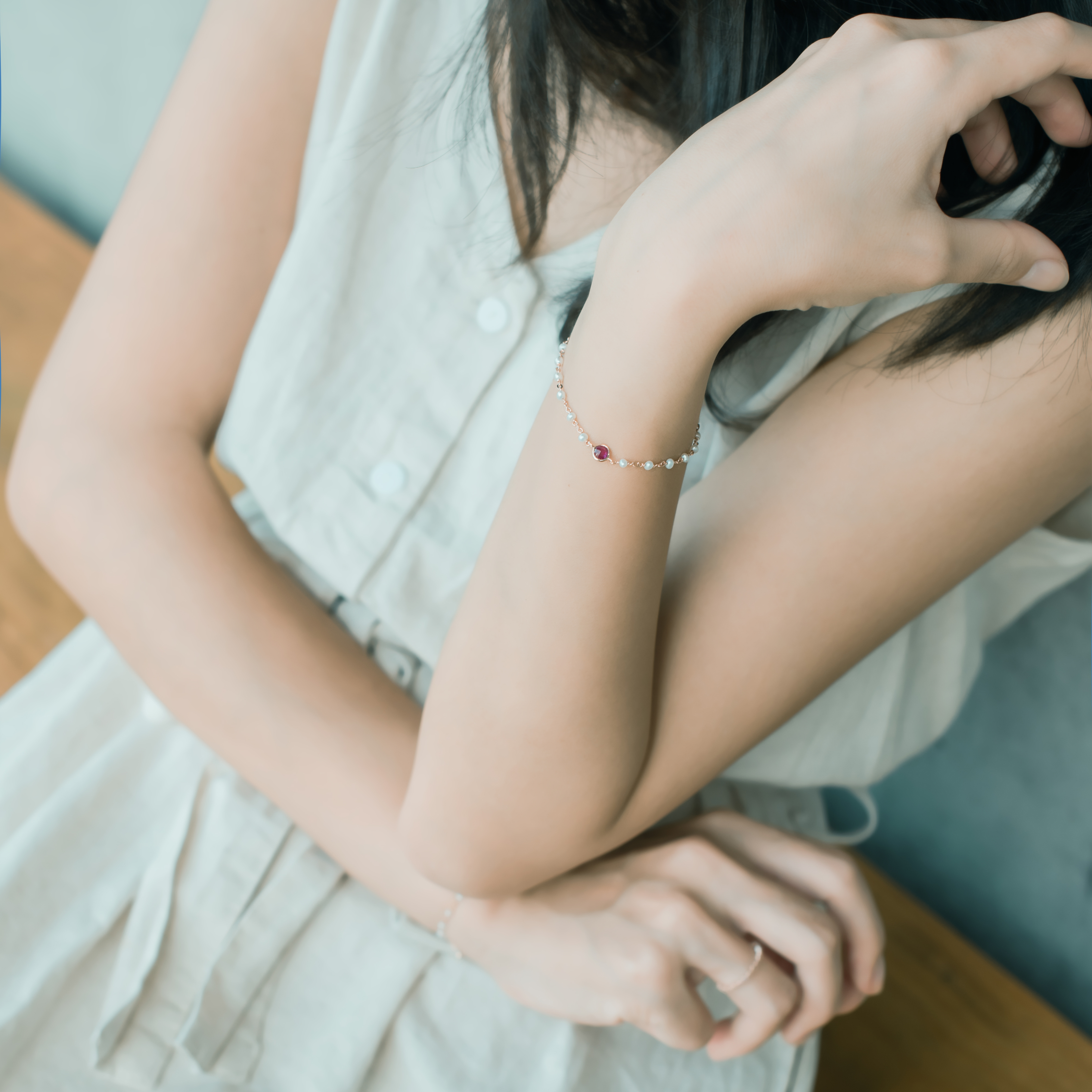 天然紅寶石手工珍珠手鍊-玫瑰金