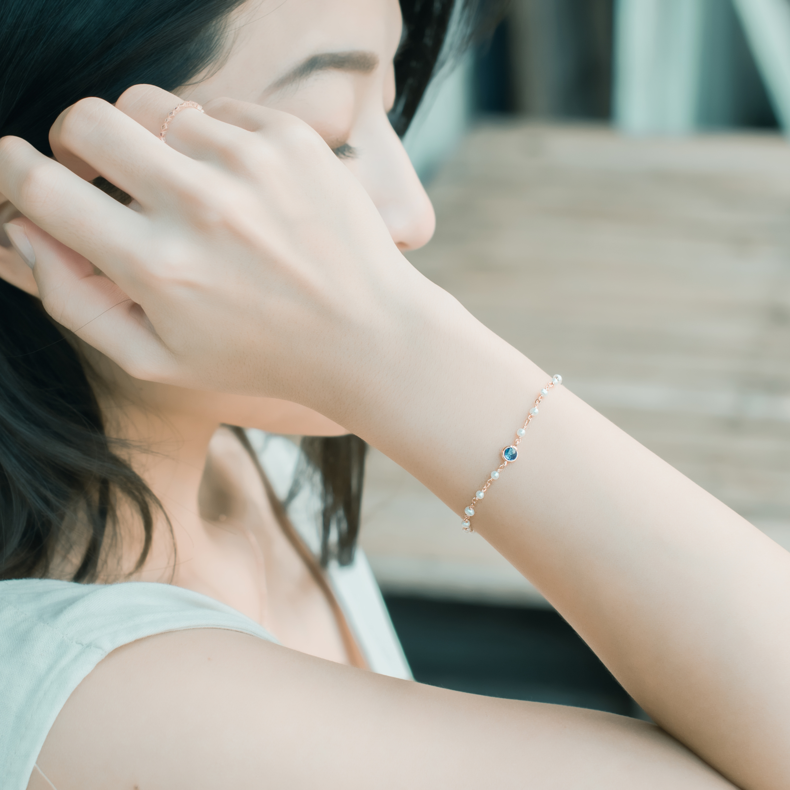 天然藍寶石手工珍珠手鍊-玫瑰金