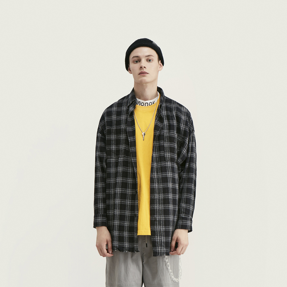 落肩OVERSIZE抓鬚下擺格紋襯衫