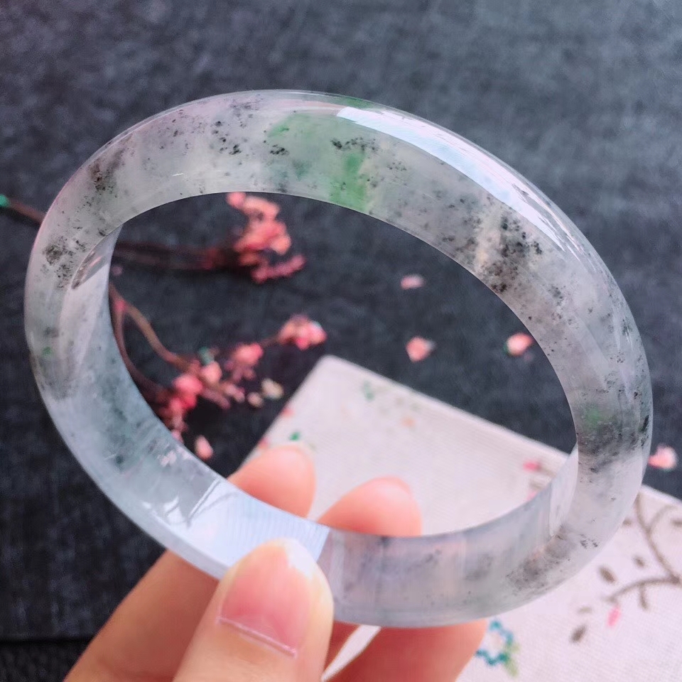 冰飄花寬邊手鐲 62.2mm, 天然翡翠A玉, 緬甸玉, Jade, Jadeite