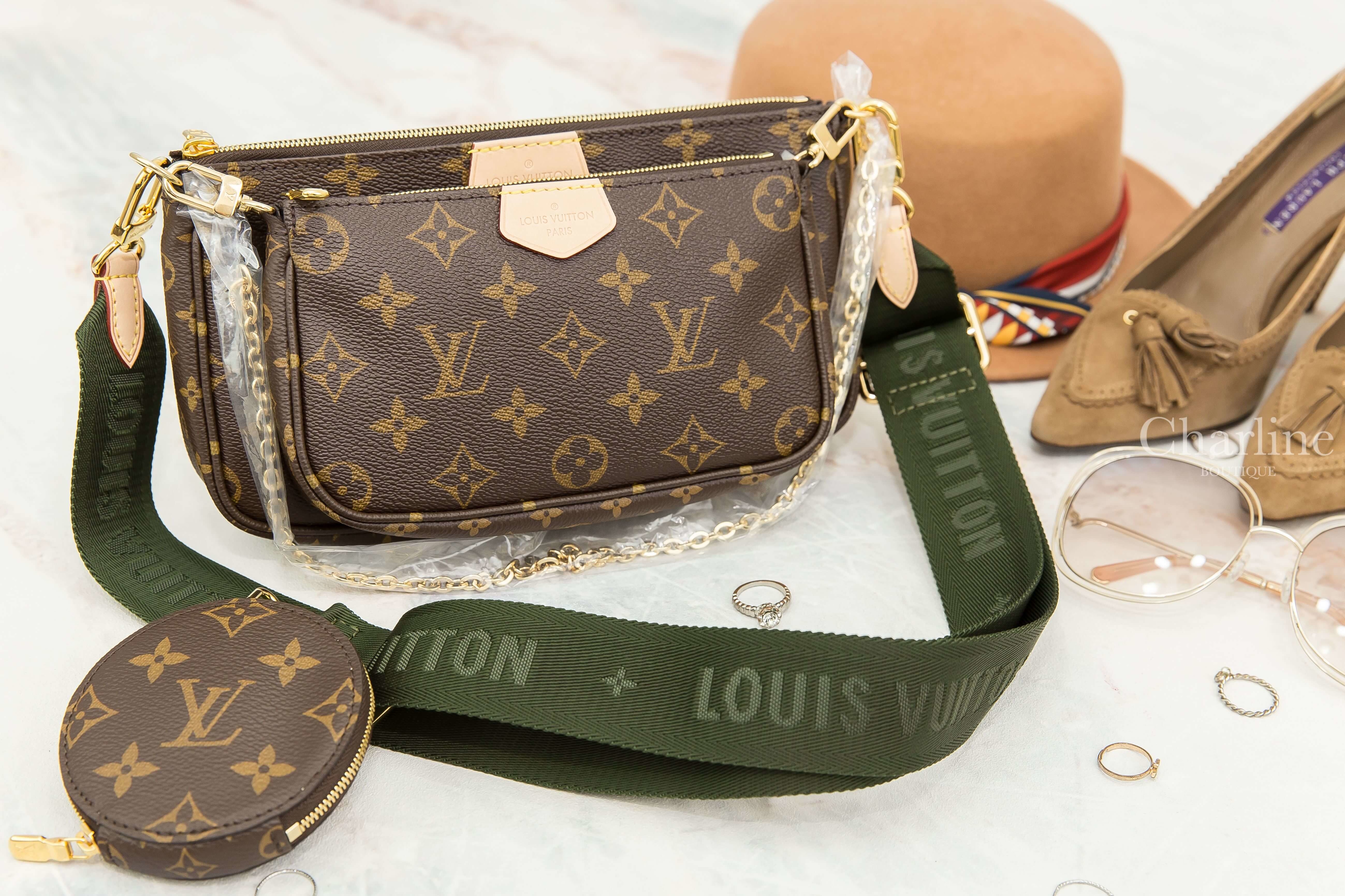 Louis Vuitton Multi Pochette Accessoires 咖啡色老花金鍊卡其綠Logo背帶三合一手袋鍊帶包
