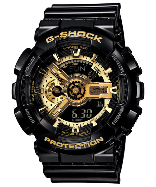 萬年鐘錶 - G-SHOCK  大黑金 防震雙顯電子錶  GA-110GB-1A   錶徑 : 51.2 MM