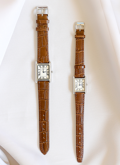 真皮復古方型錶(棕色配銀框)