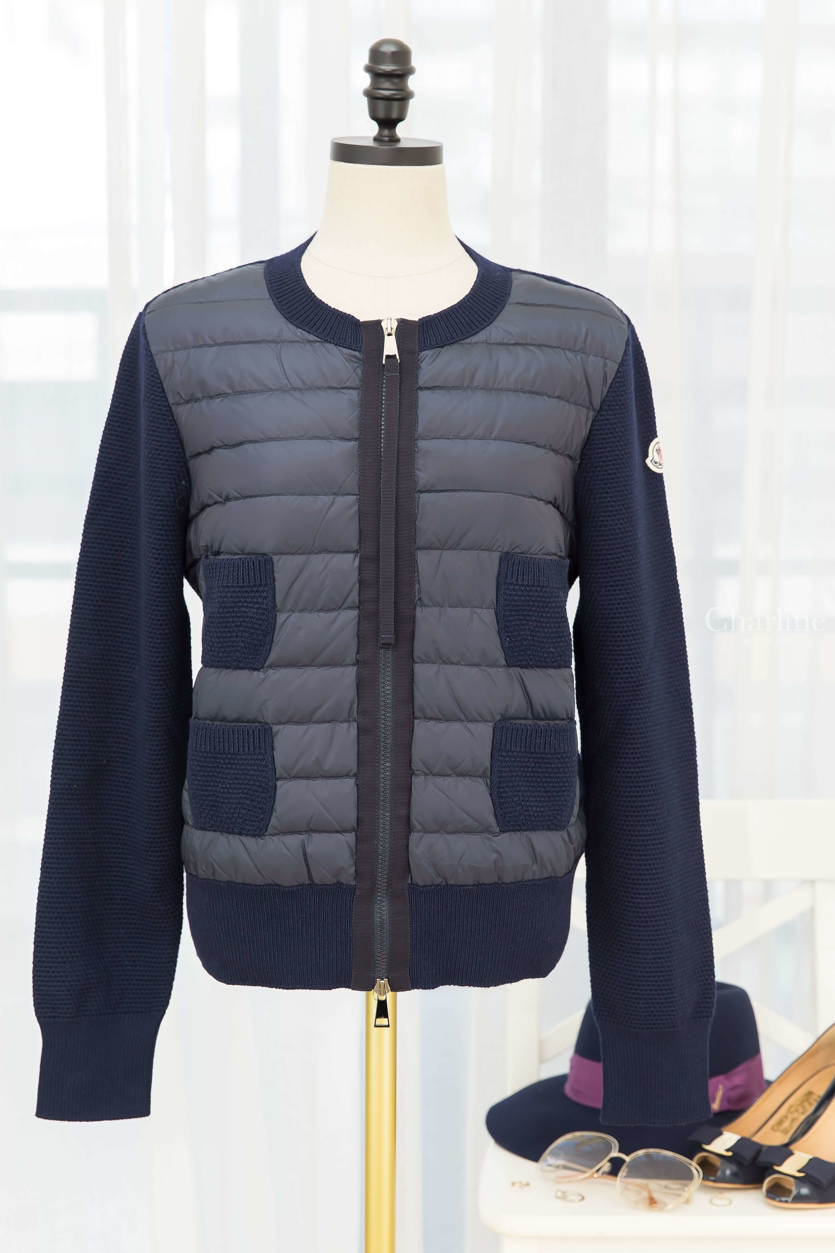 Moncler Cardigan 深藍色拼接針織四口袋輕羽絨外套