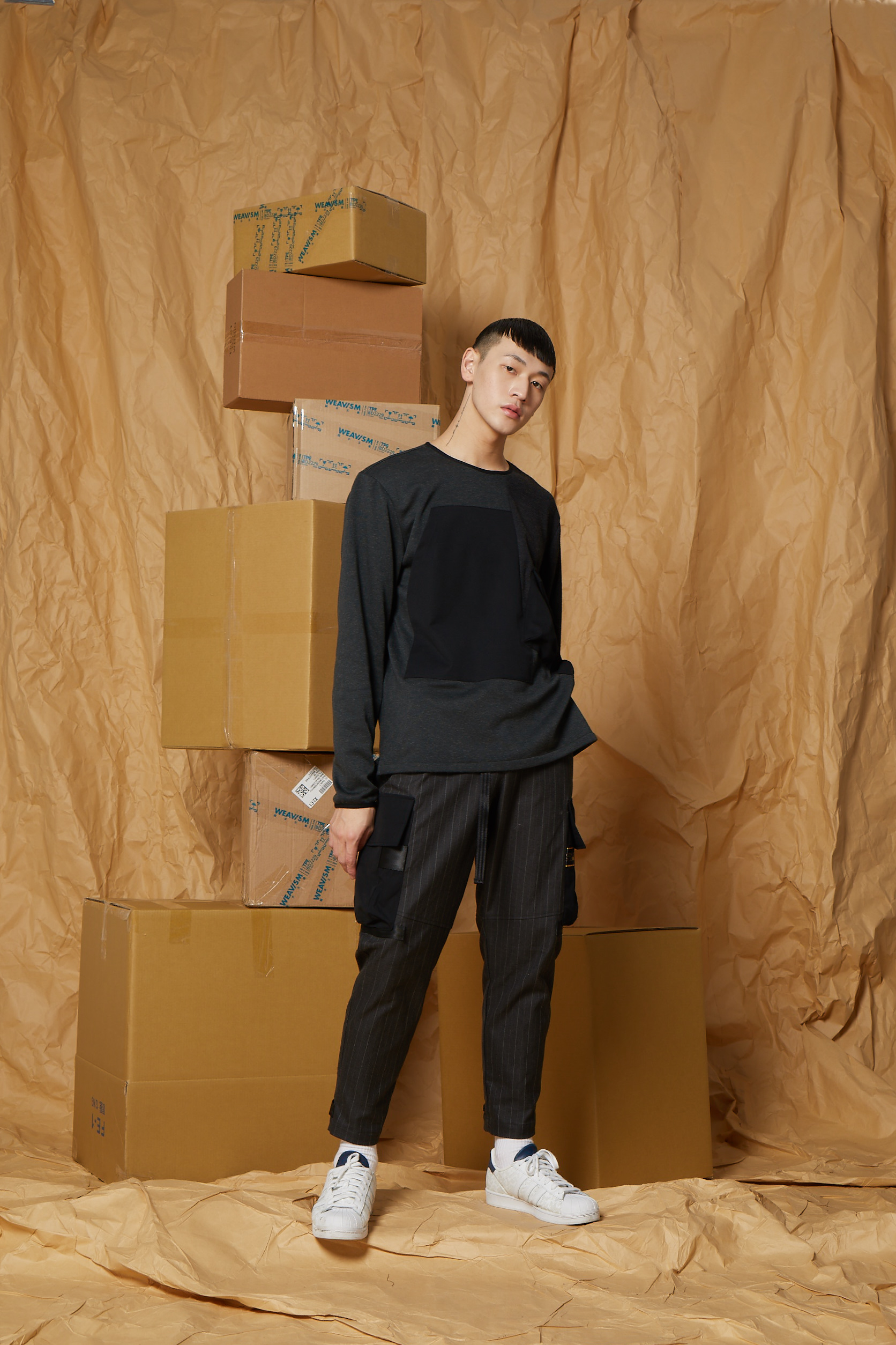 防潑水立體口袋工作褲- 灰條