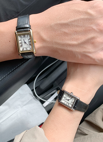 真皮復古方型錶(黑色配銀框)