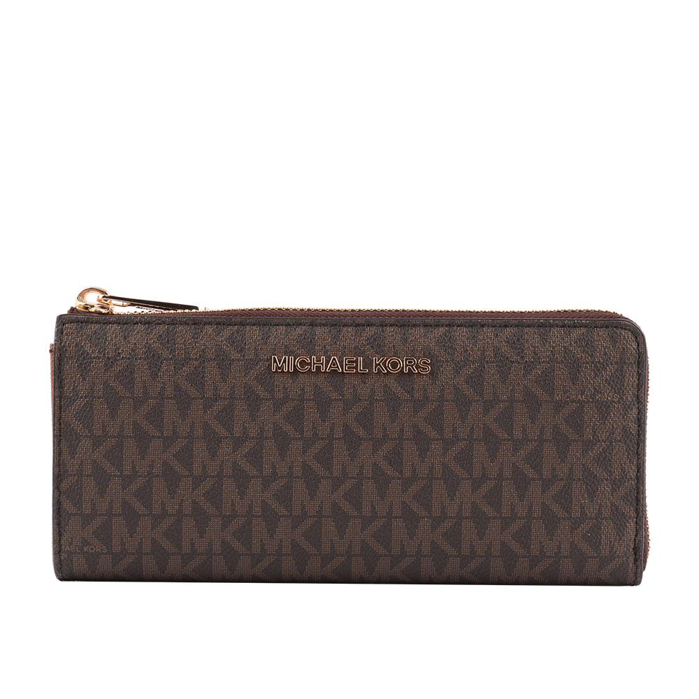 【MICHAEL KORS】金字 LOGO PVC L型拉鍊長夾(茶色) 35F8GTVZ3B BROWN