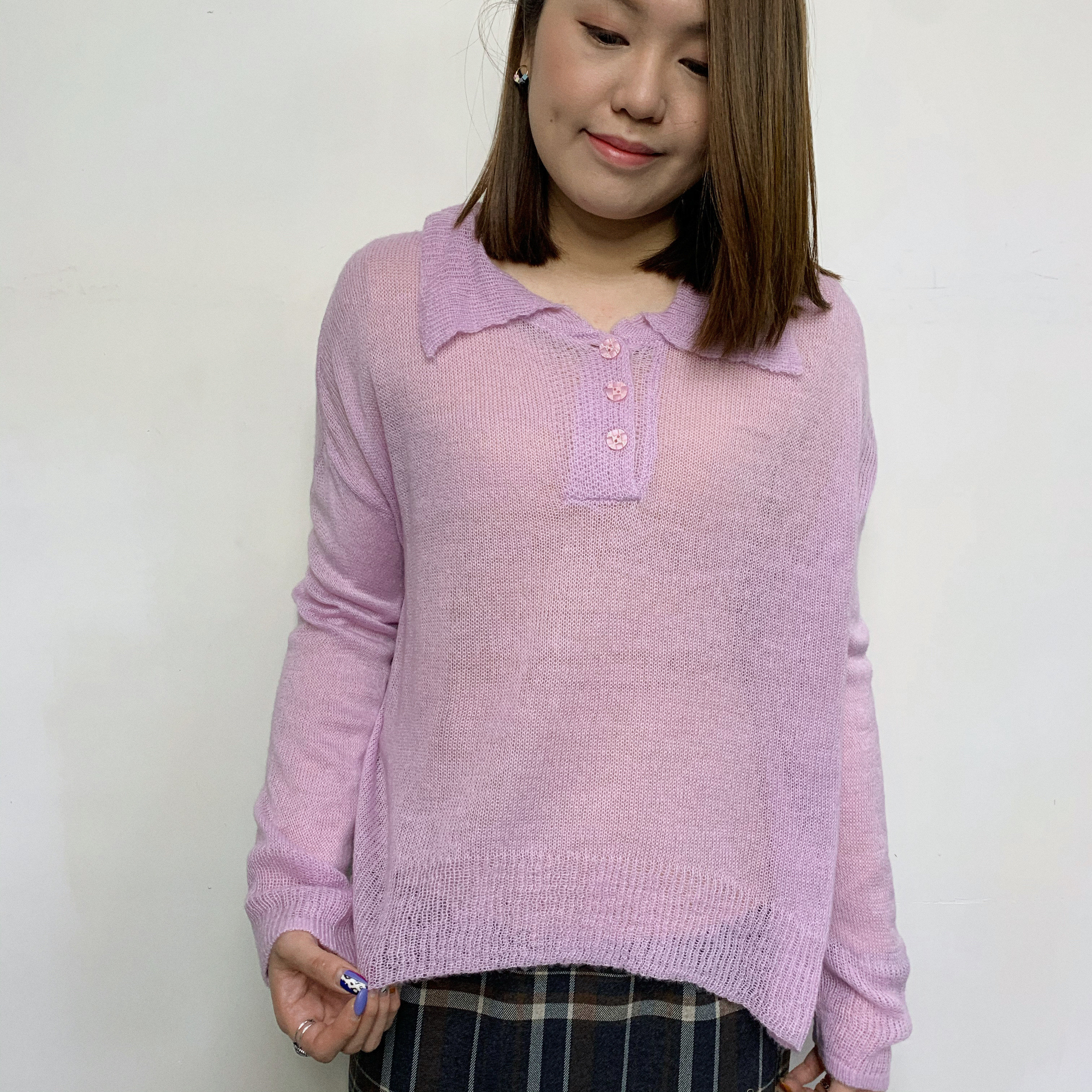 前短後長反領開鈕針織Top