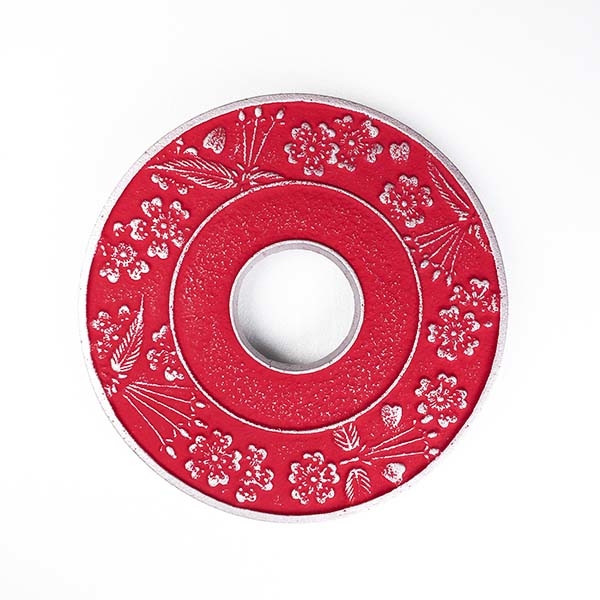 【岩鑄】丸型櫻 鑄鐵壺墊-銀紅梅色